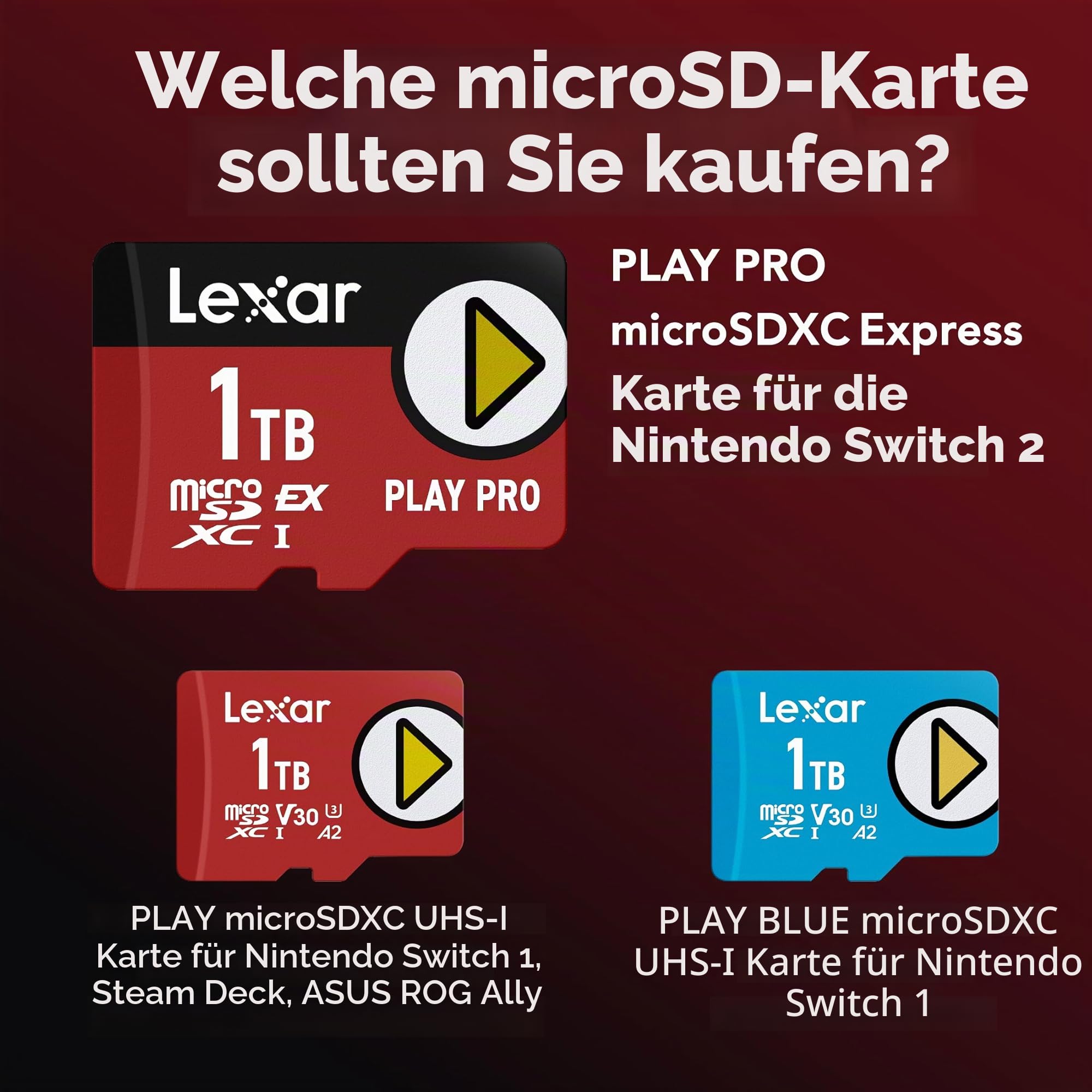 Lexar 512 GB Play PRO microSDXC Express-Karte, UHS-I, C10, U3, V30, A2, Full-HD, 4K-Video, bis zu 900 MB/s Lesen, für Nintendo Switch 2, ASUS ROG Ally, Steam Deck, Spielgeräte (LMSXPS0512G-BNNNU)