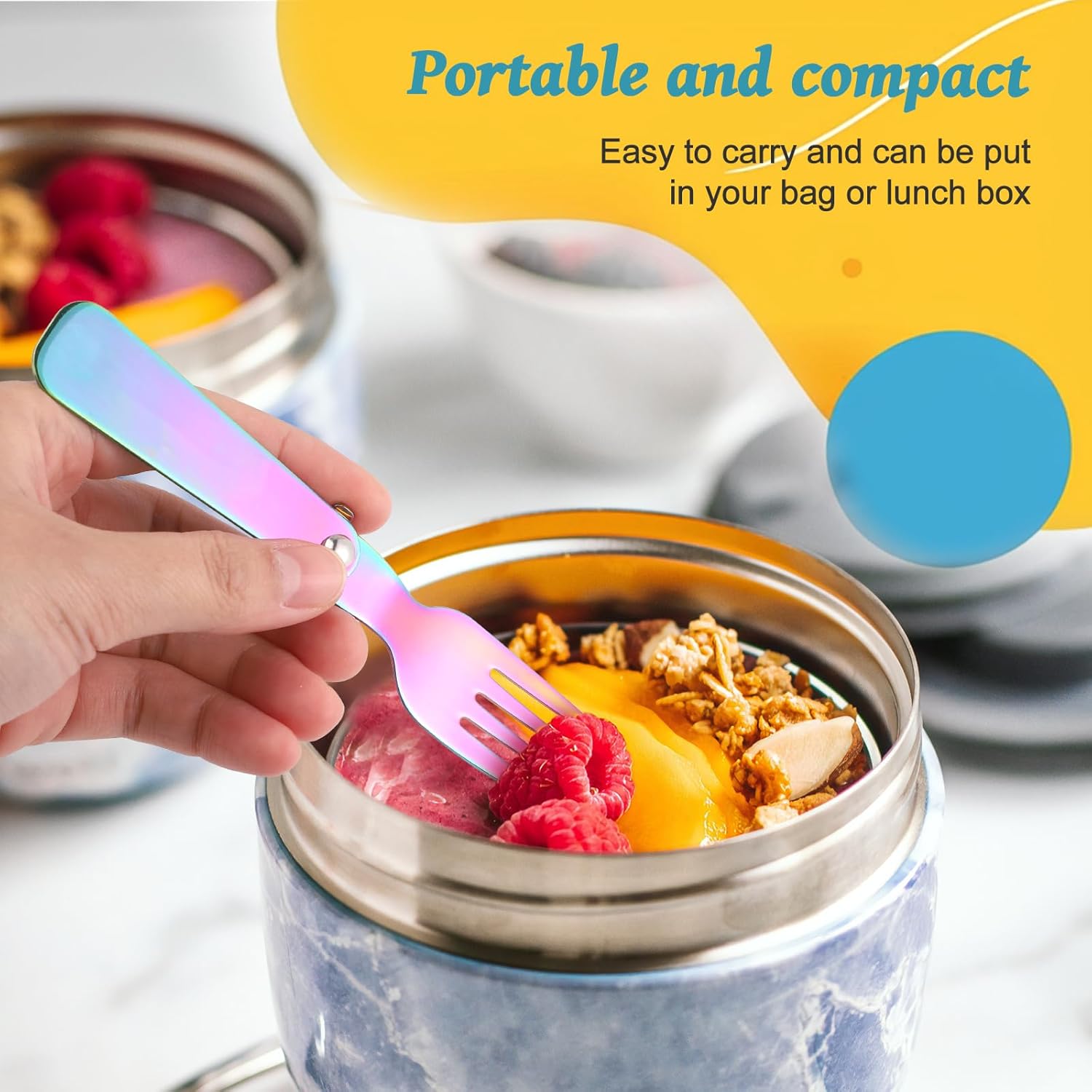 2pcs Folding Spoons & 2pcs Folding Forks for Thermos Funtainer 10oz Food Jar, Stainless Steel Portable Utensil Replacement, Metal Foldable Fork, Home Kitchen Travel Camping Part Accessories(Colored)
