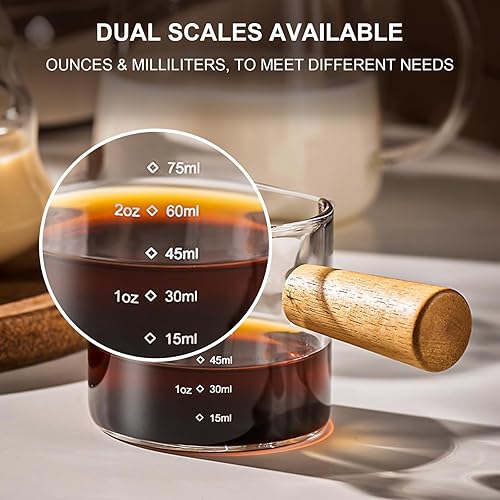 Miniatura 4 de PARACITY Juego de 2 tazas de espresso con mango de madera, tazas medidoras de vidrio de doble boquilla con doble escala, vaso de chupito de espresso