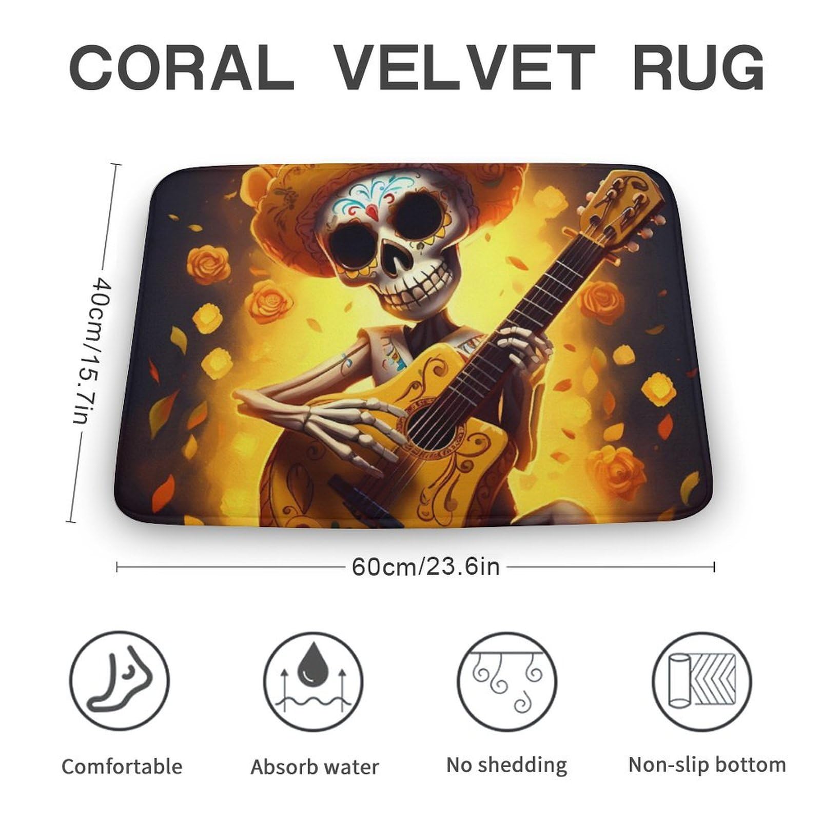 Funny Skull Playing Guitar Yellow Flower Coral Velvet Rugs Non-Slip Bathroom Rugs Soft Kitchen Rug Floor Carpet for Home Decor 15.7