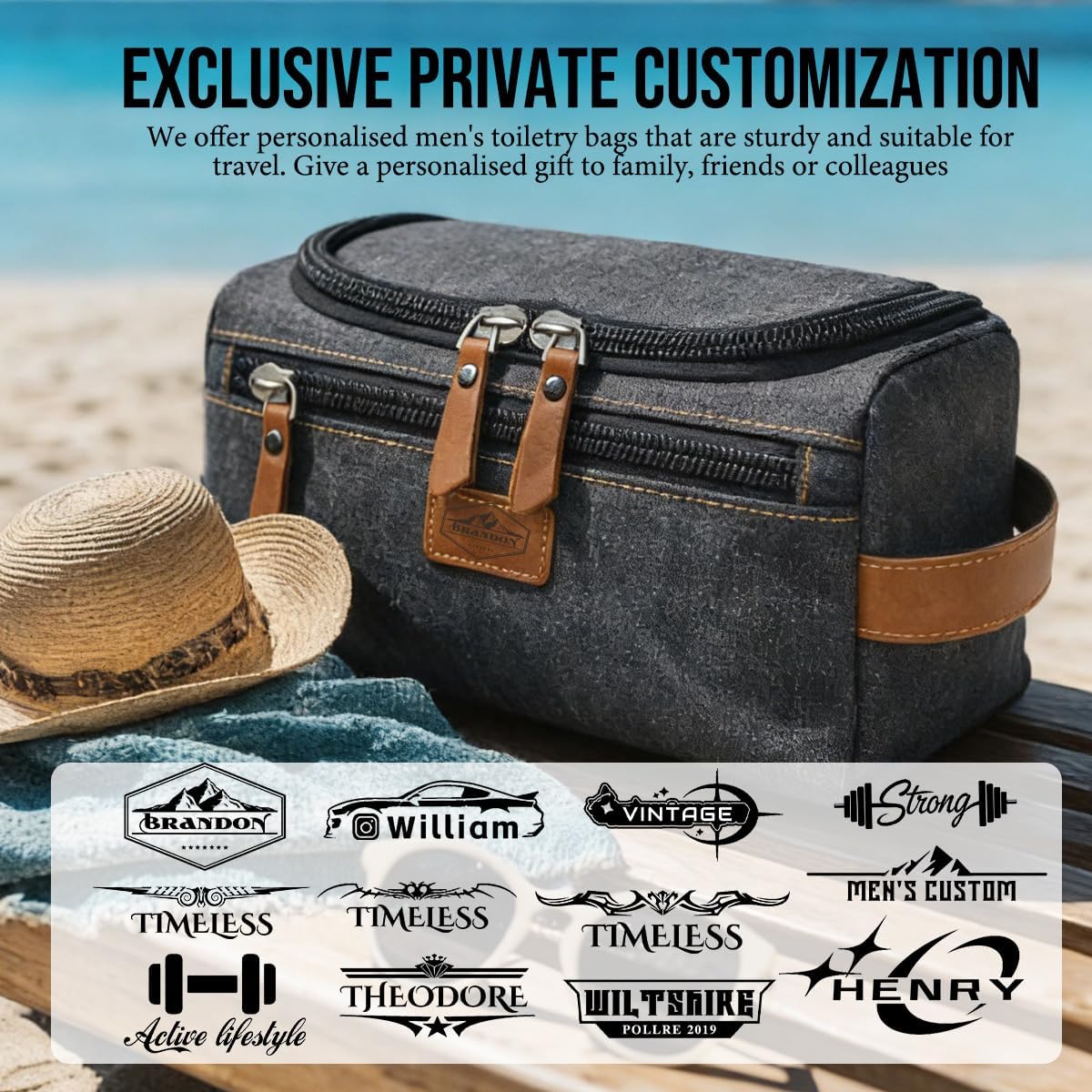 Mens Shaving Bag with Handle, Personalized Toiletry Bag for Men (Canvas), Custom Mens Toiletry Bag with Name Patch, Travel Toiletry Bag Organizer for Gym & Trips