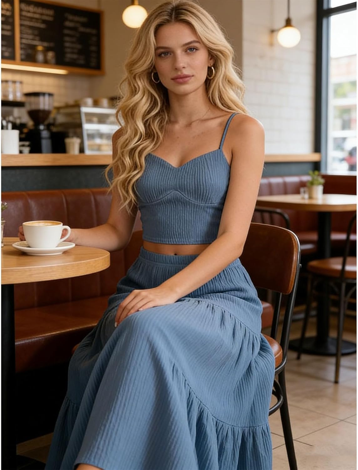 High Waist A-Line Skirt and Cami Top Set, Women's Solid Crop Cami Top & A-Line Skirt Two-piece Set for Beach Vacation