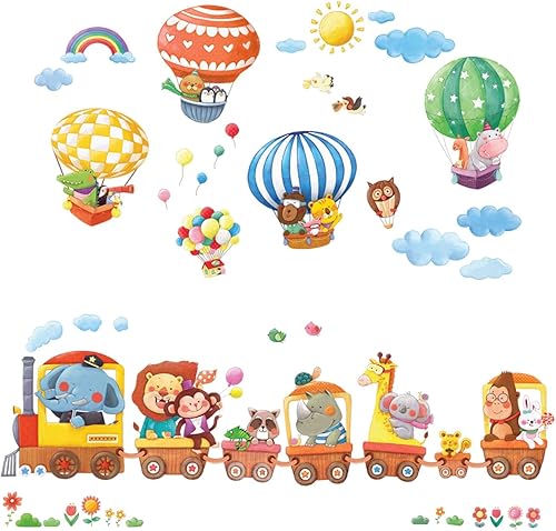 Tren de animales y globos aerostáticos para decorar la pared de la habitación del bebé niño recámara y sala de estar de Decowall DA-1406 pegatinas
