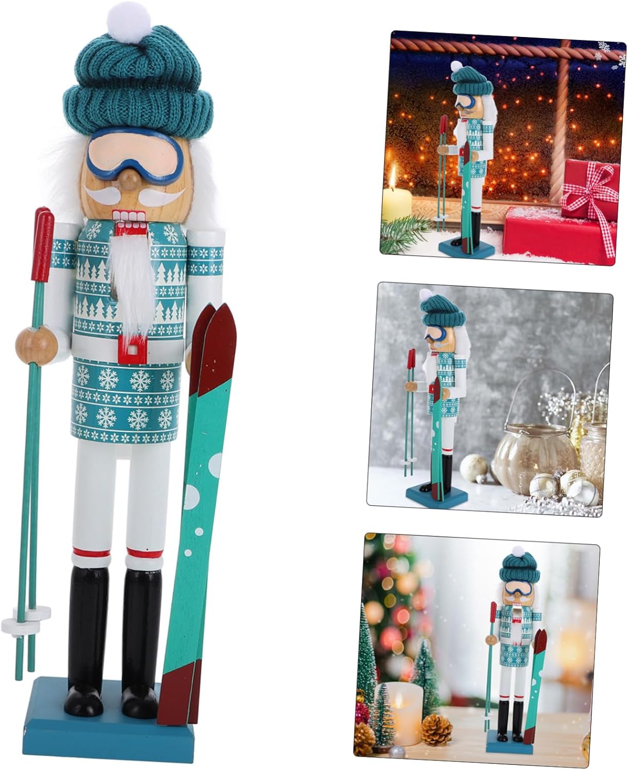 WOONEKY Santa Skis Puppet Christmas Ornament Wood and Fabric Craft Christmas Decor Figurine for Home