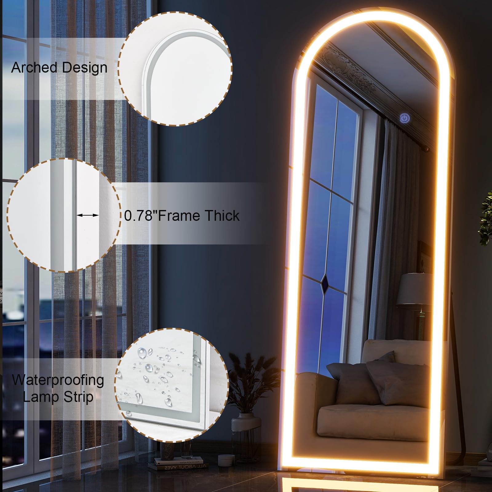 GLSLAND 20"x56" Arched LED Full Length Mirror with Lights – Wall Mounted or Standing Full Body Mirror for Bedroom/Cloakroom – Dimmable with 3 Color Lighting Modes: Arched 64"L x 21"W