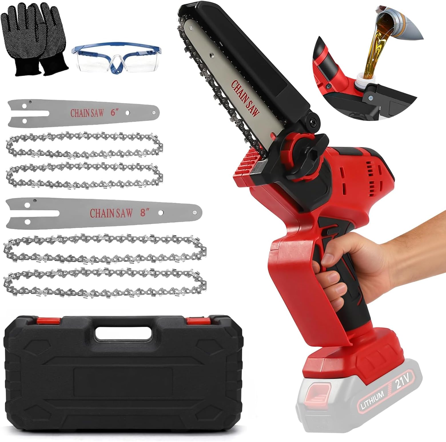 Mini Chainsaw Cordless 8 inch 6 inch, Portable Handheld Chainsaw Compatible with Milwaukee 18V Battery, Brushless Handheld Electric Chainsaws with 4 Chain and 2 Guide Bar (Not Battery) (Red)