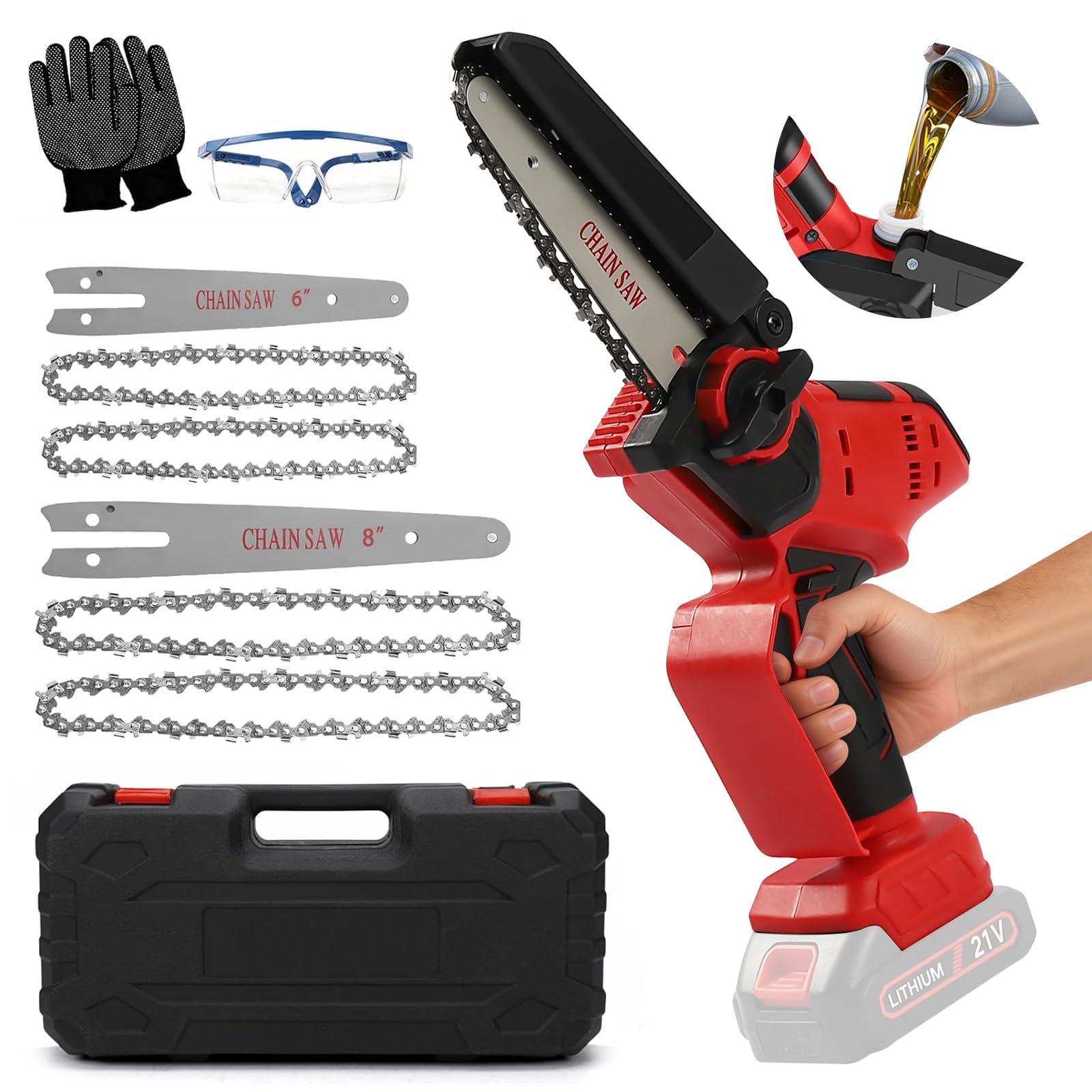 Mini motosierra de 8 pulgadas y 6 pulgadas, batería de motosierra compatible con Milwaukee de 18 V, batería con lubricador automático y cerradura de seguridad para tijeras de podar, tijeras de podar