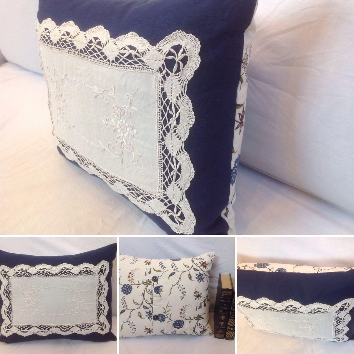 VINTAGE FRENCH LINEN PILLOW COVER, Repurposed 1940s Table Linen with Handmade Bobbin Lace, Upcycled Blue & Ivory Decorative Throw Pillows, Cottage Country Decor, FULLY-LINED, 20X17