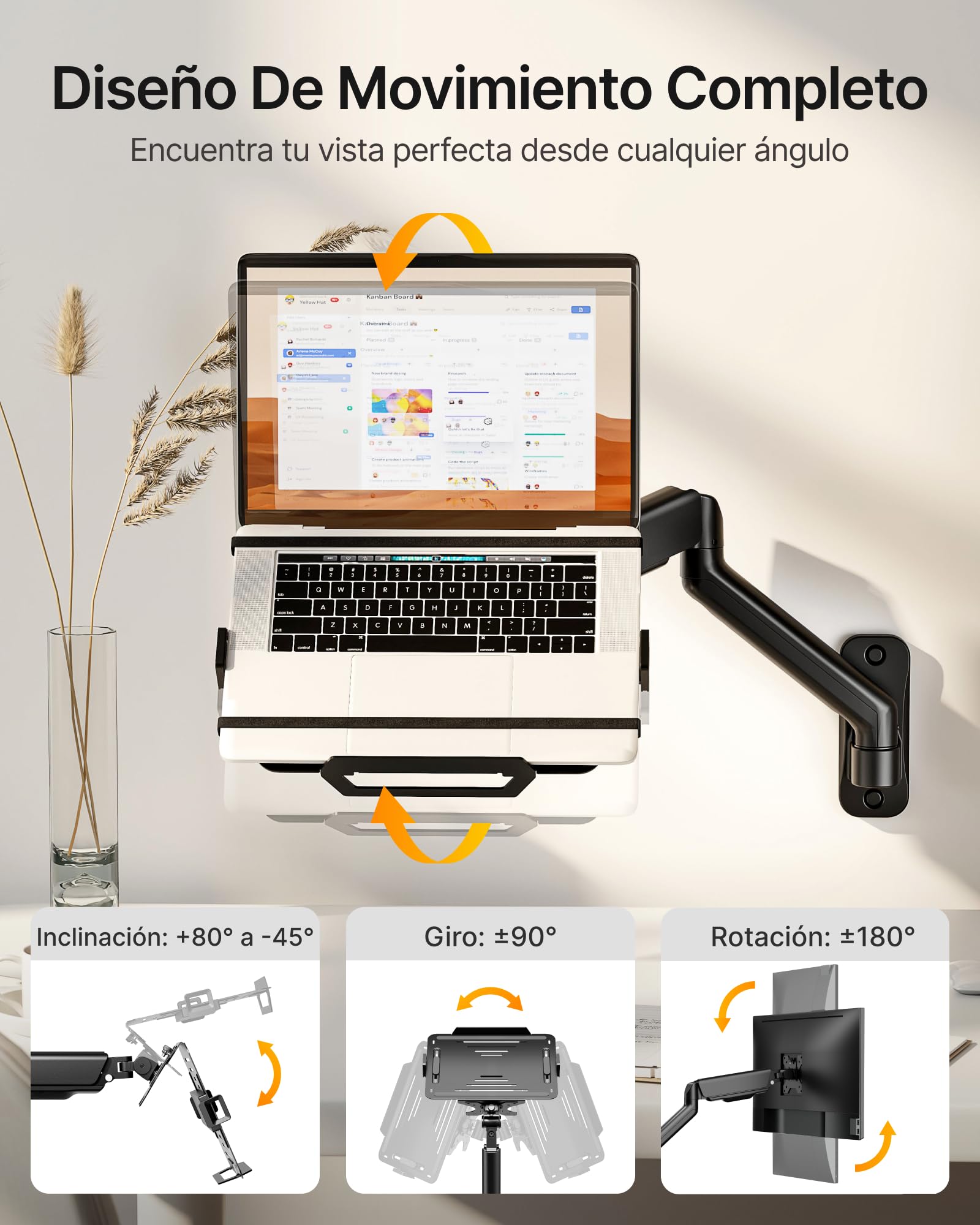 monTEK Soporte Pared 2en1 Monitor 17-32" Portátil 12-18", VESA 75/100 | hasta 9kg，Bandeja portátil ajustable ergonómica, montaje mural sencillo, disipación calor, ideal para oficina y hogar