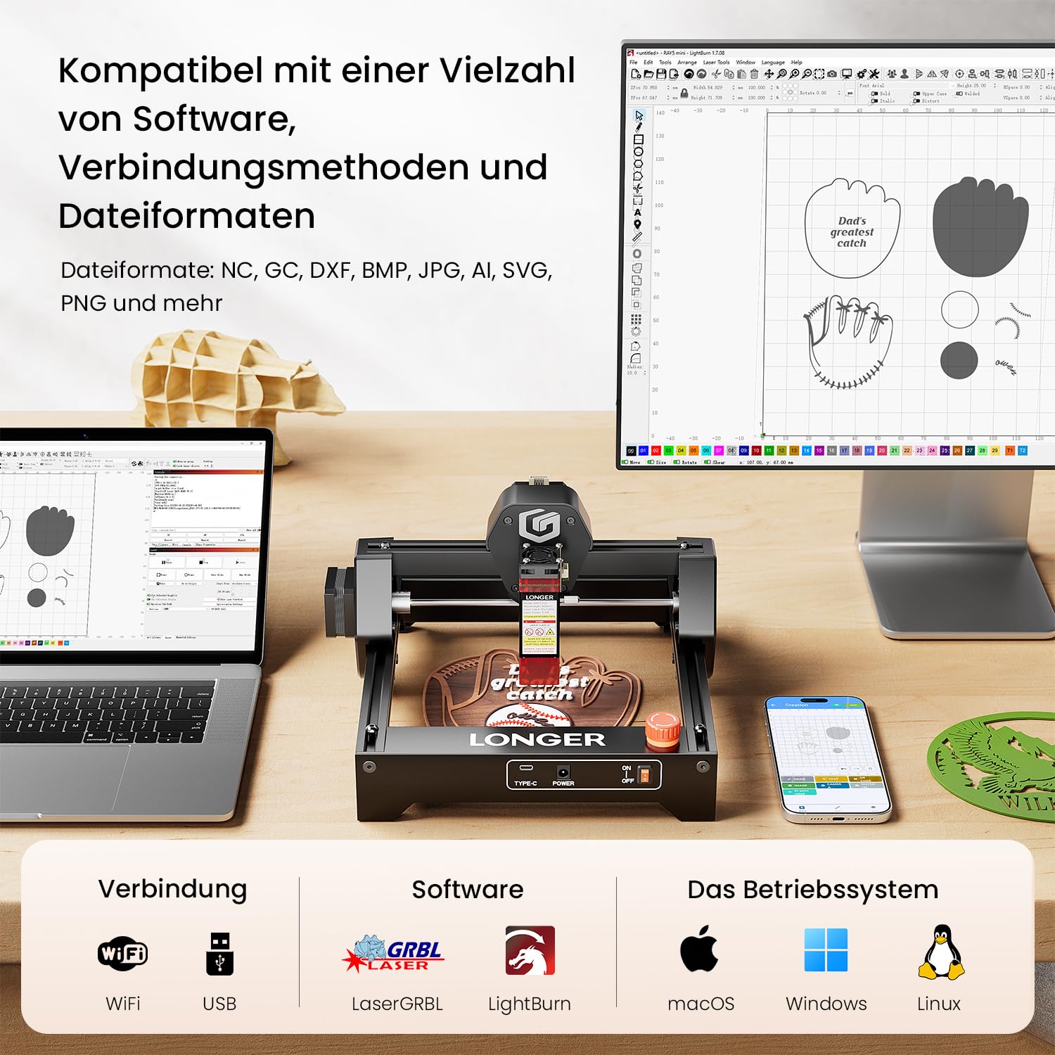LONGER Ray5 Mini Lasergraviermaschine, Hochgeschwindigkeits-Lasergravur mit Wi-Fi, Not-Aus Sicherheitsfunktion, CNC DIY für Holz, Metall, Acryl und Leder, 3.5W, Arbeitsbereich 140 × 130 mm