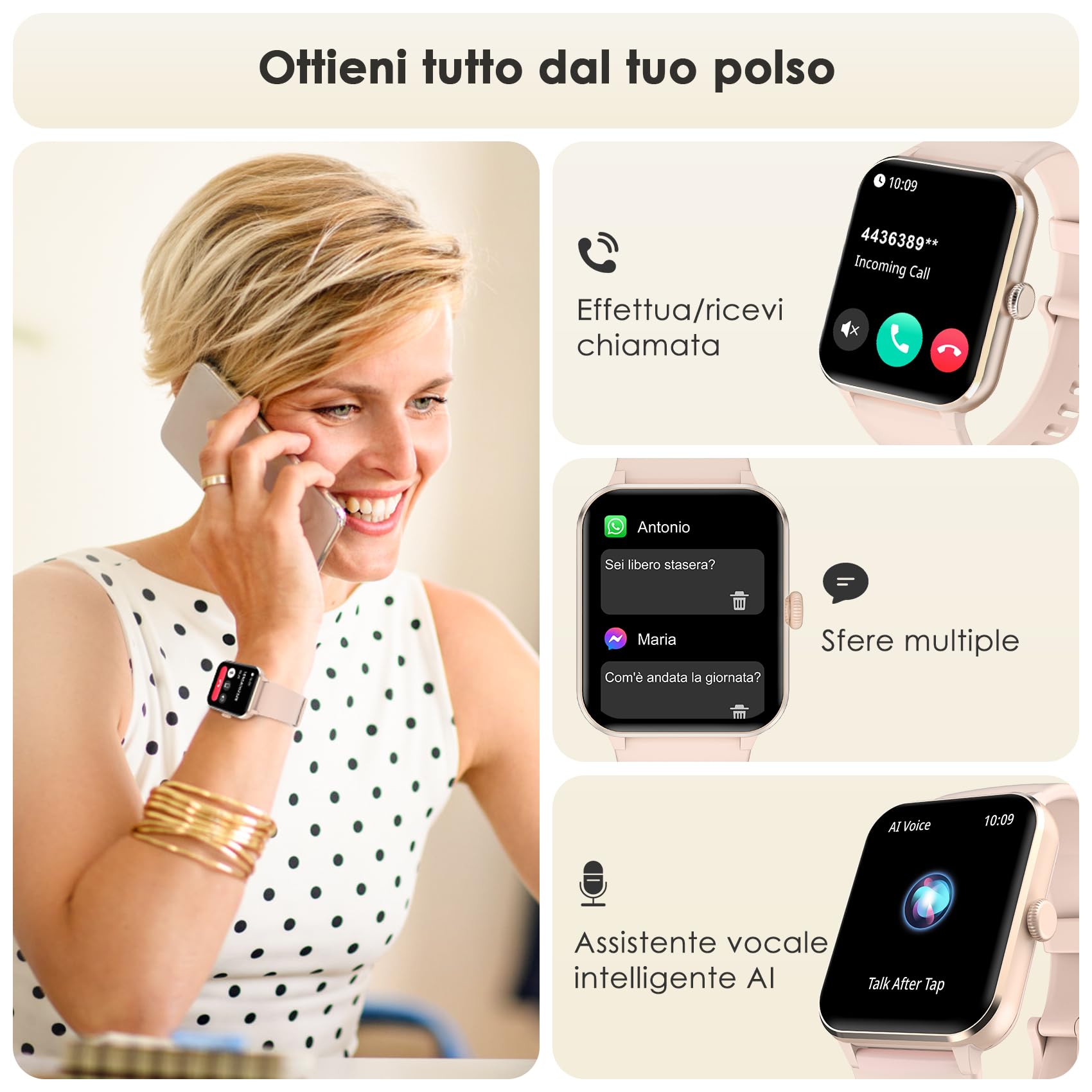 Smartwatch Uomo Donna, Orologio Fitness con Chiamate ,100 Modalità Sportive, 1.85" Smart Watch Monitor del SpO2/Sonno, 24H Cardiofrequenzimetro da Polso Fitness Tracker per iOS Android Smartphone