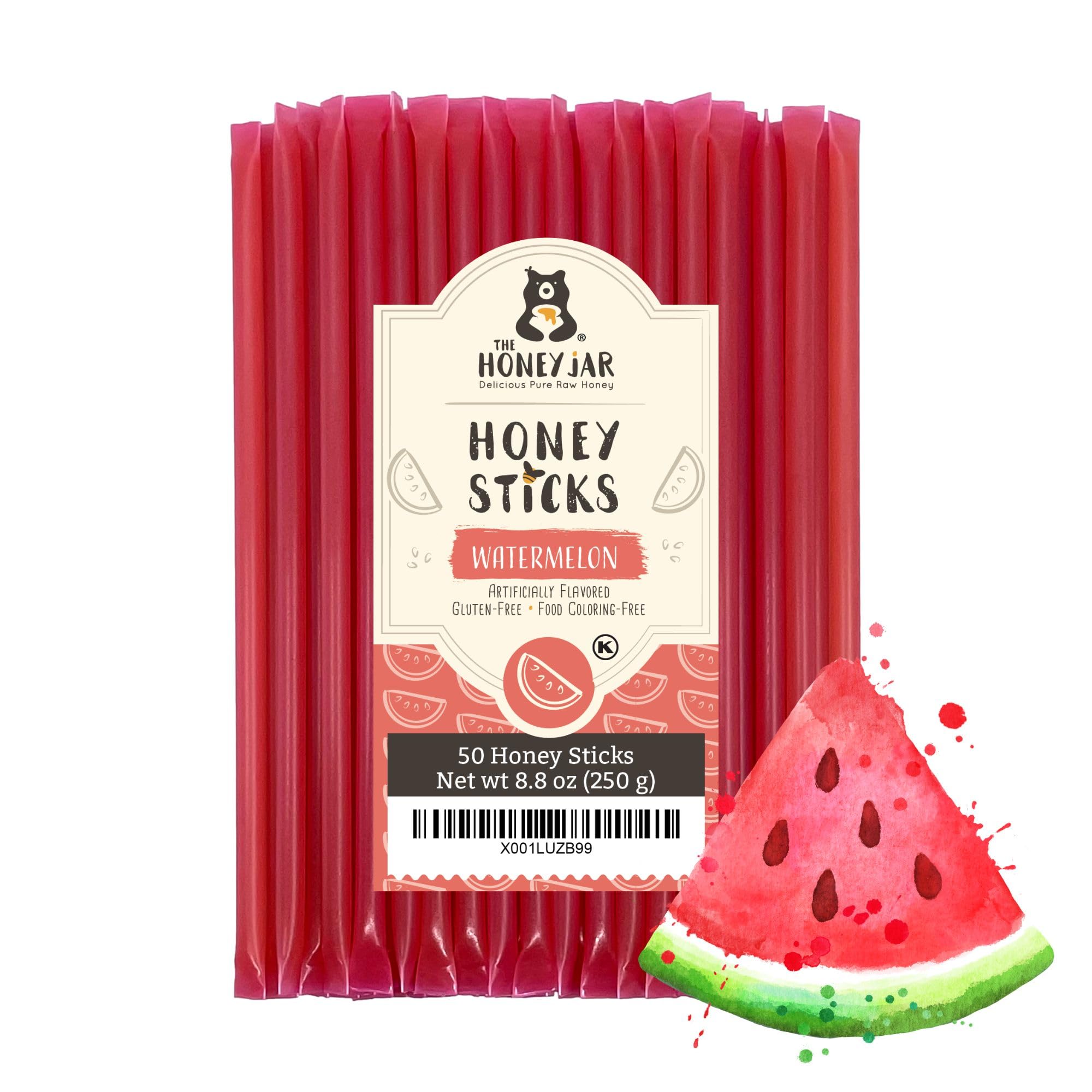The Honey Jar Watermelon Flavored Honey Sticks - Pure Honey Straws For Tea, Coffee, or a Healthy Treat - One Teaspoon of Flavored Honey Per Stick -