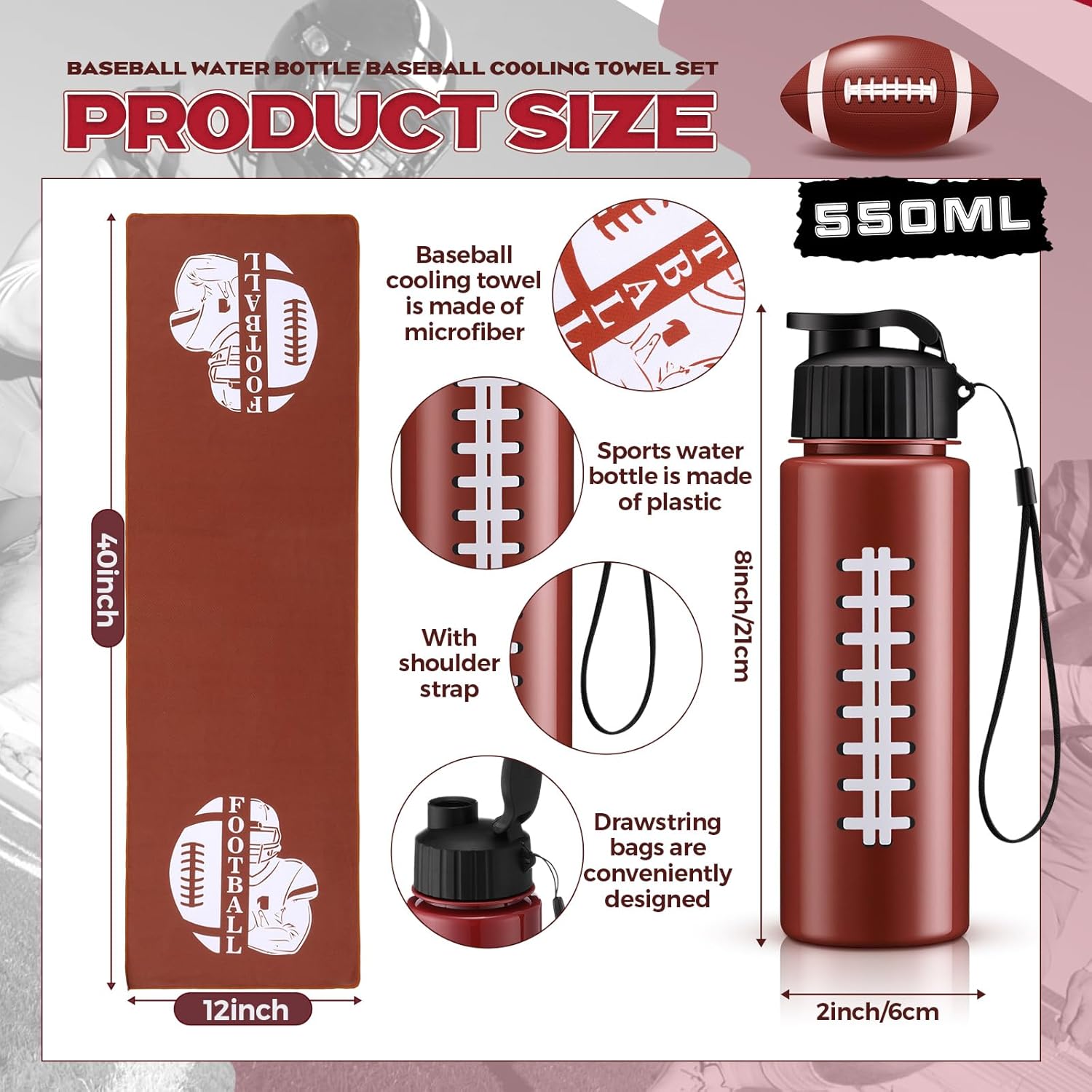 24 Pieces Baseball Water Bottle Baseball Cooling Towel Set Include 12 Reusable Sports Squeeze Water Bottle 12 Ice Towel Breathable 40"x12" Cooling Towels for Soccer Sport Team Gift