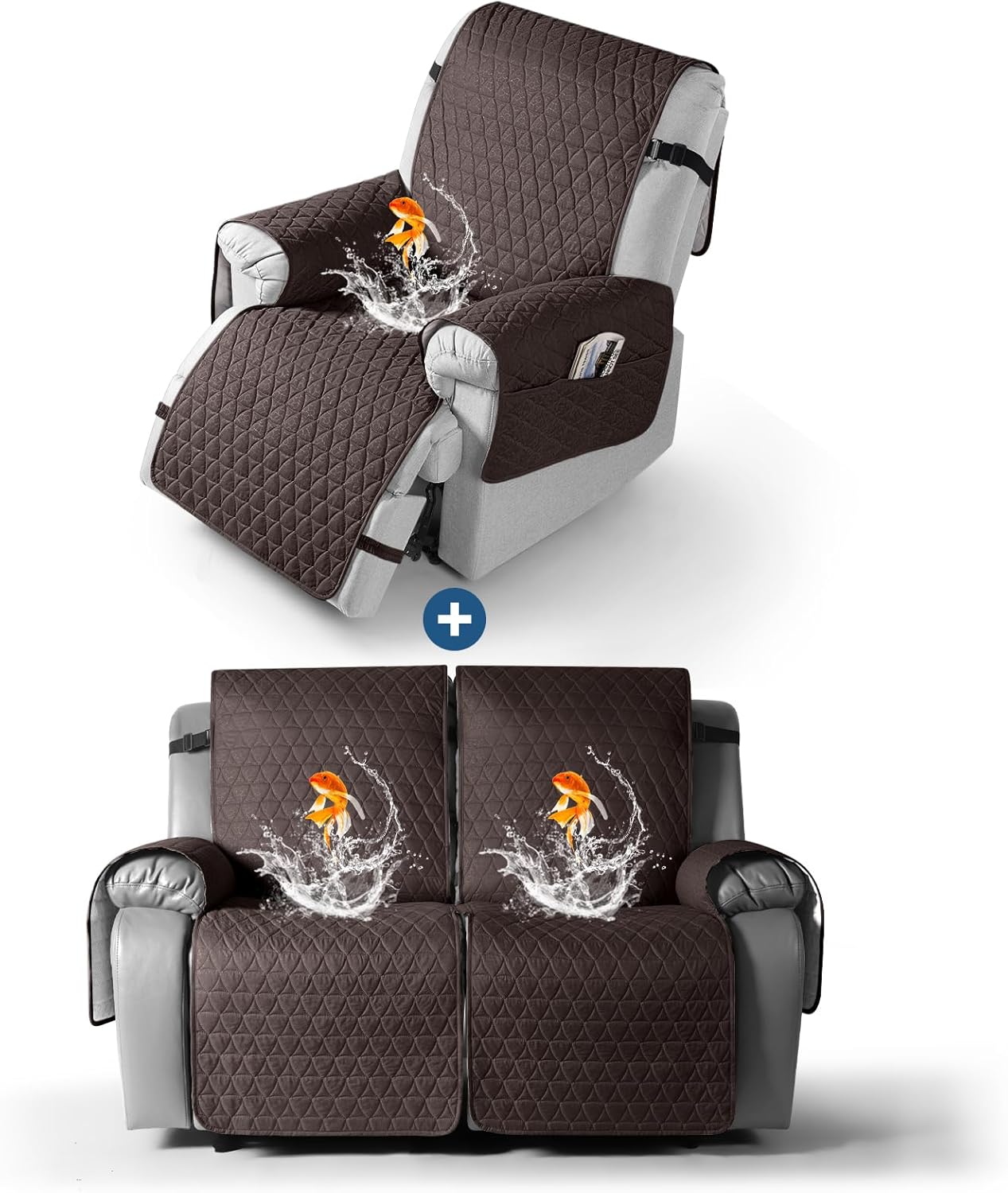 TAOCOCO Waterproof Loveseat Recliner Cover（Chocolate, 2 Seater）+100% Waterproof Recliner Cover（Chocolate, Large-28''） with Non-Slip Granule and Elastic Band