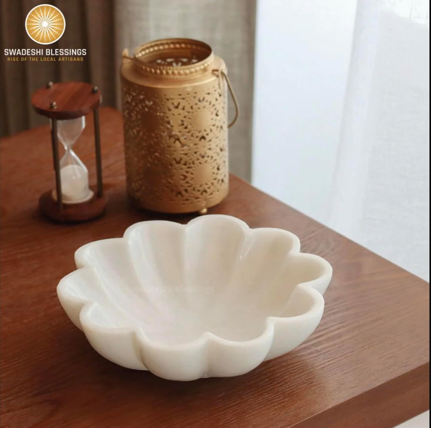 SWADESHI BLESSINGS HandCrafted Marble Decorative Bowl | White Ruffle Scalloped Fluted Key/Fruit Ring Dish | Organic Modern Home Decor (8 Inches)