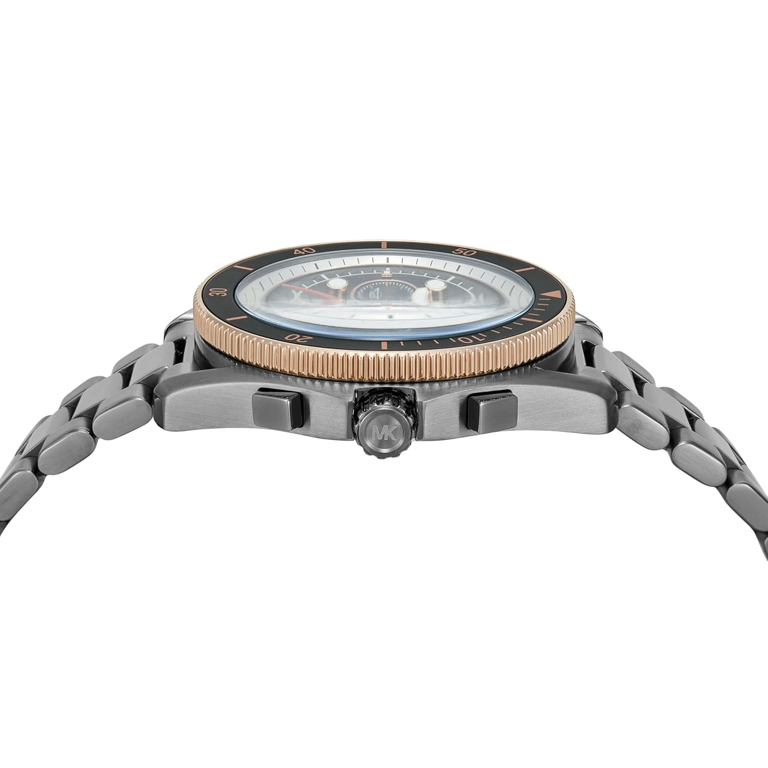 lateral view of the Michael Kors Maritime Grey Quartz Stainless Steel Watch MK9204 showing the crown and pushers