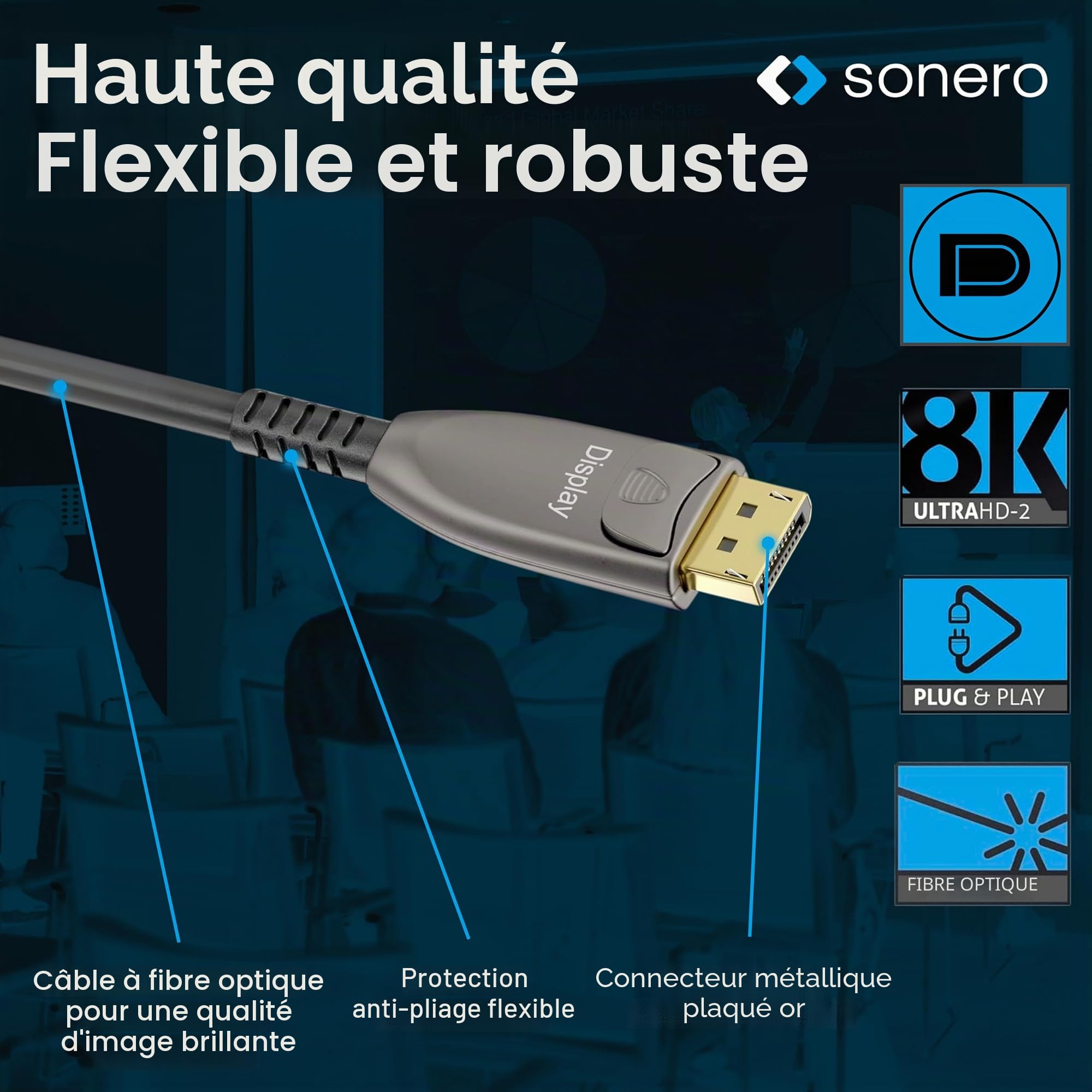 Sonero® Câble 8K-DisplayPort 1.4, câble hybride fibre optique, résolution jusqu'à 8K 60 Hz (7680 x 4320) / 4K 120Hz (3840 × 2160), prise en charge HDR et DSC, anthracite, 10 mètres