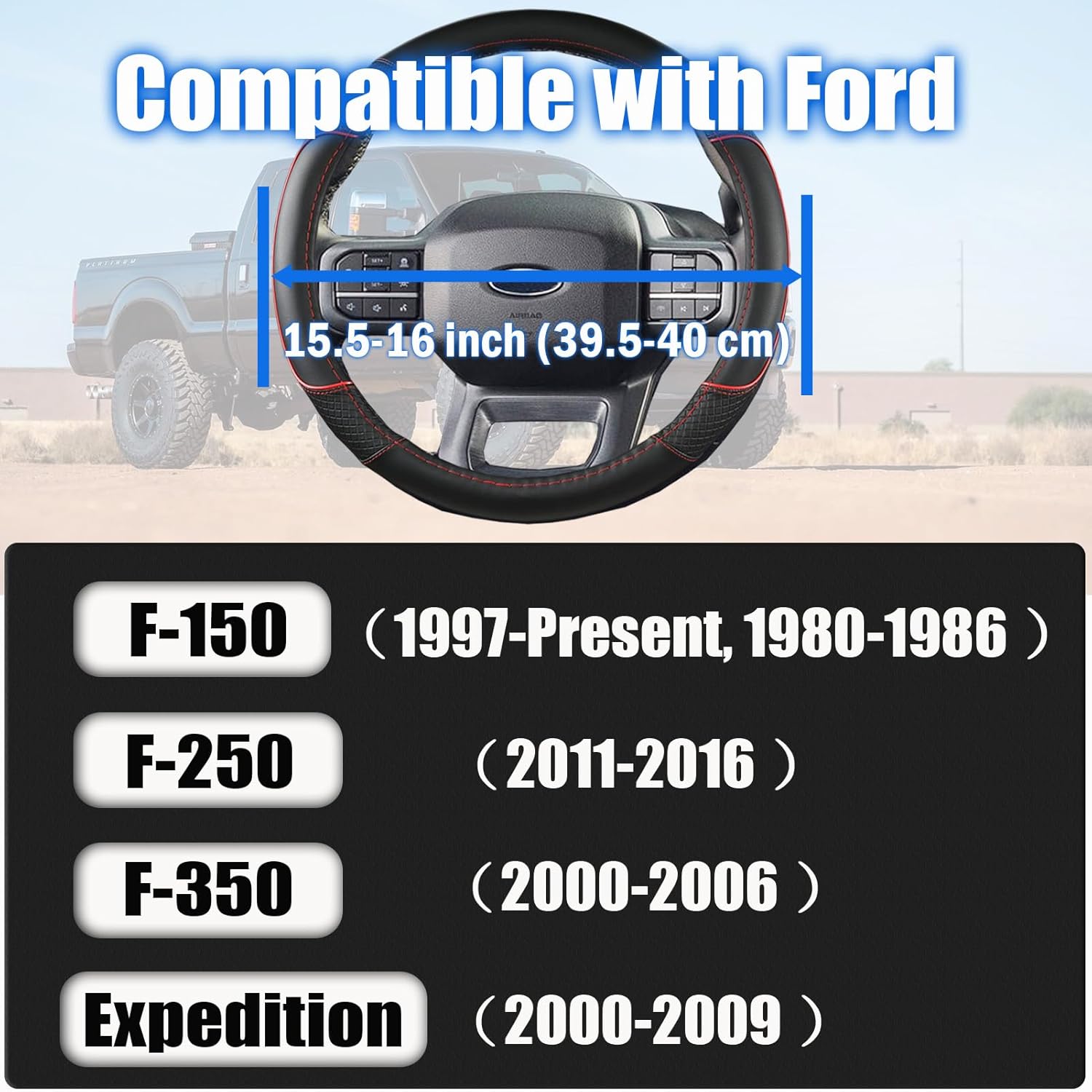 Steering Wheel Cover for Ford F-150, F-250, F-350, Expedition - Custom Fit 15.5-16 Inch Auto Car Accessory, Anti-Slip Grip & Durable Protection (15.5-16 inches - Red)