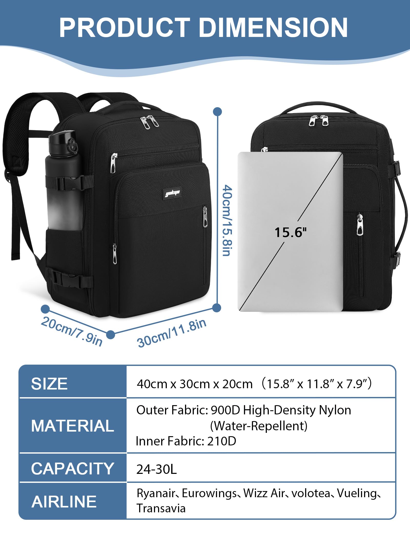 Bagaż Podręczny 40x30x20 Plecak, 24-30L Rozkładany 40x30x25 Plecak Podróżny Męski i Damski do Ryanair, Eurowings, Wizzair, Vueling,Cabin Bag Travel Backpack do Pracy, Biznesu i Podróży, Czarny
