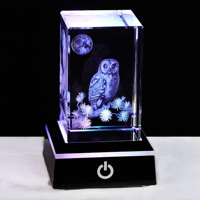 3D Crystal Engraved Owl Figurines Ornaments Owl Housewarming Gifts for Friends Glass Owl Decor with LED Stand Graduation Gifts