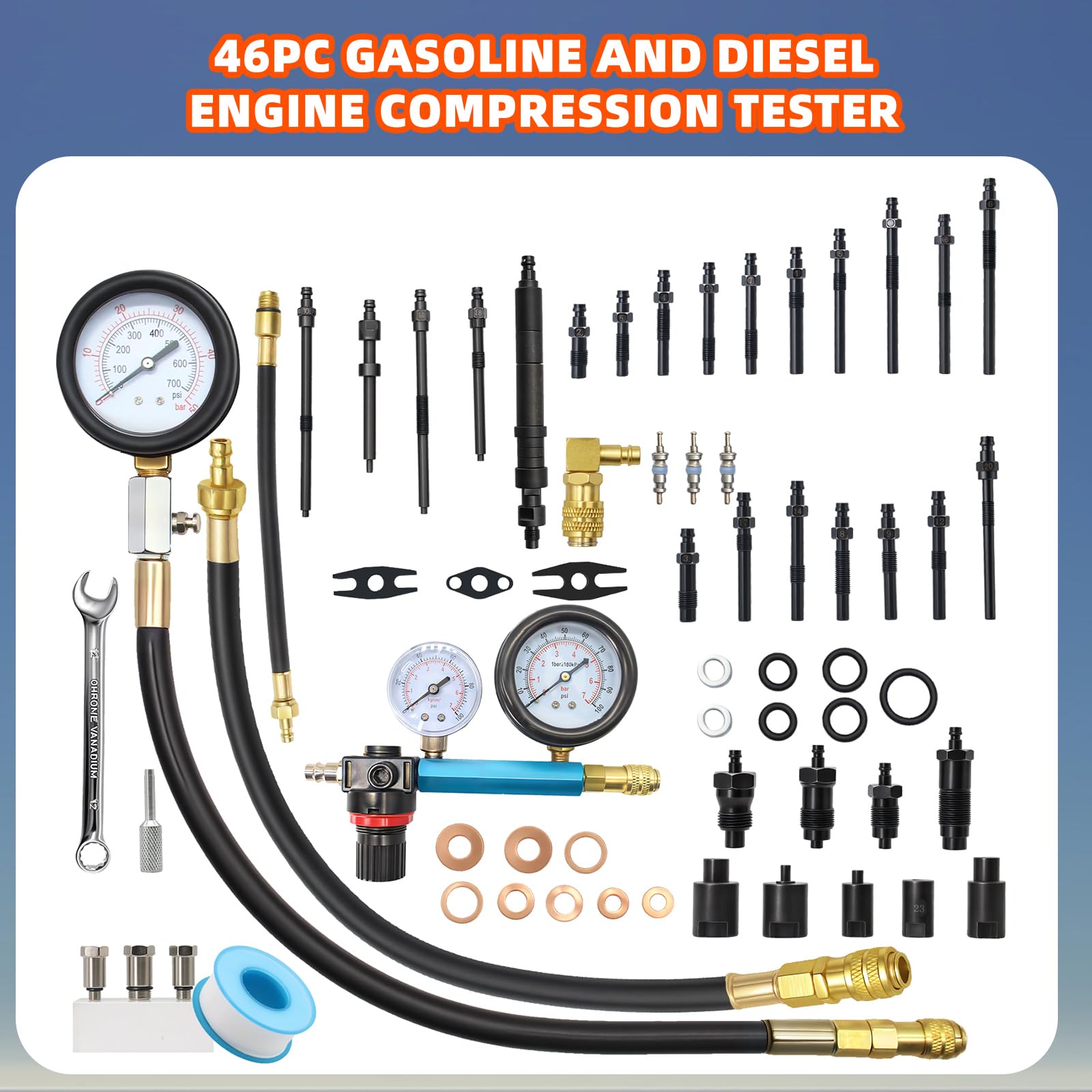 Probador de compresión - Gasolina y Diesel Probador de compresión del motor, 46 piezas Comprehensive Compression and Leak Test Kit with Dual Gauge Engine for HDi, TDCi, Pumpe Duse Engine