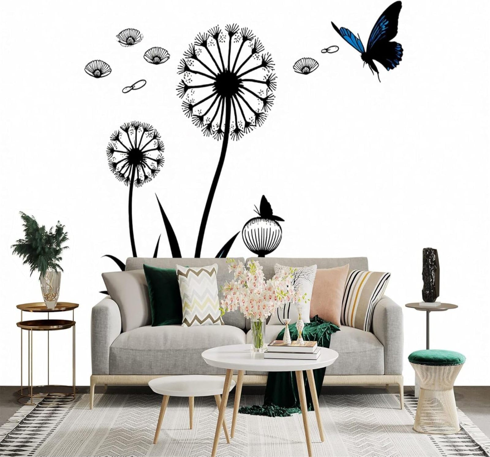 Papier Peint 3D Pissenlit Noir et Papillon Bleu en Soie Texturée XLMING - 350x256 cm