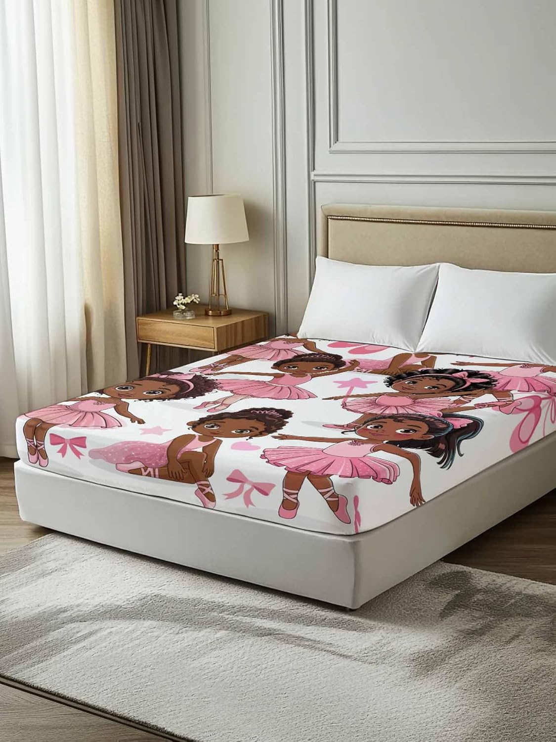 Full Flat Sheet, Pink Ballet Dancer Full Bed Sheets Only, Soft Microfiber Flat Sheet, Cute Cartoon Girls Bow-Knot Love Star Hotel Quality Bedding Top Sheet Bedroom Home Dorm Decor