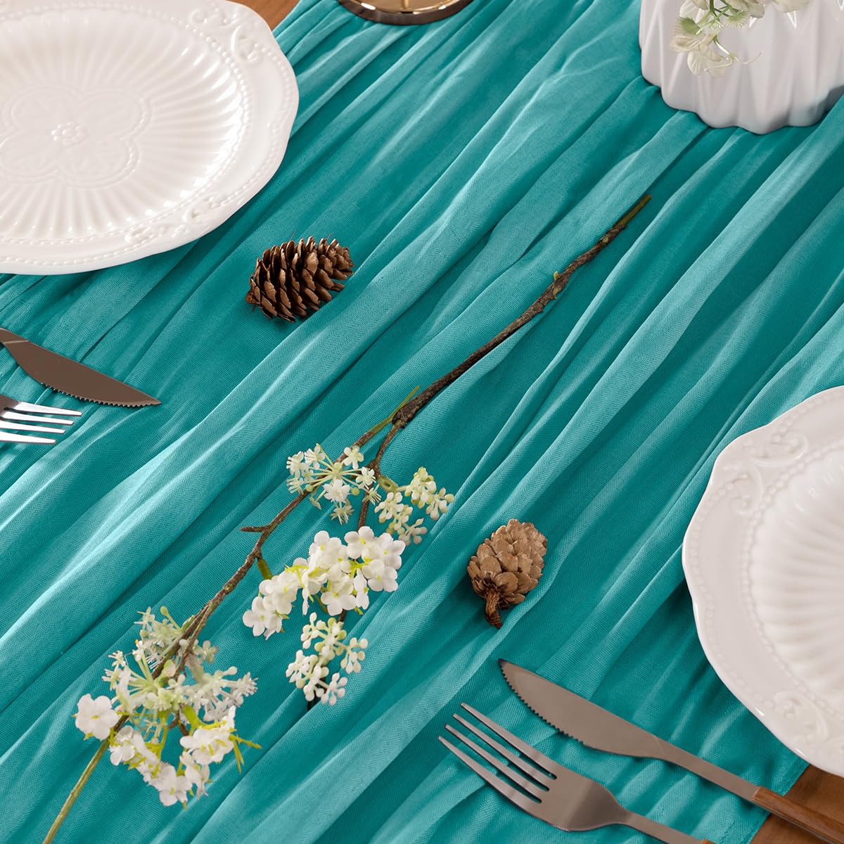 LINXTAR Teal Table Runner Cheesecloth Table Runner 10FT Rustic Table Runners 35 x 122 Inches Boho Decoration for Home Wedding Baby Shower Birthday Party