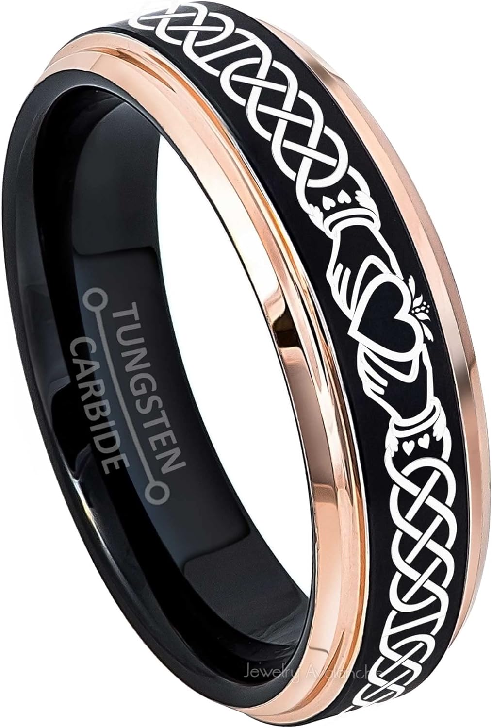 Personalized Celtic Claddagh Tungsten Rings Matching Bands or by Individual - 2-tone Black & Rose Gold Tungsten Carbide Ring Comfort Fit -Love Friendship Loyalty Ring