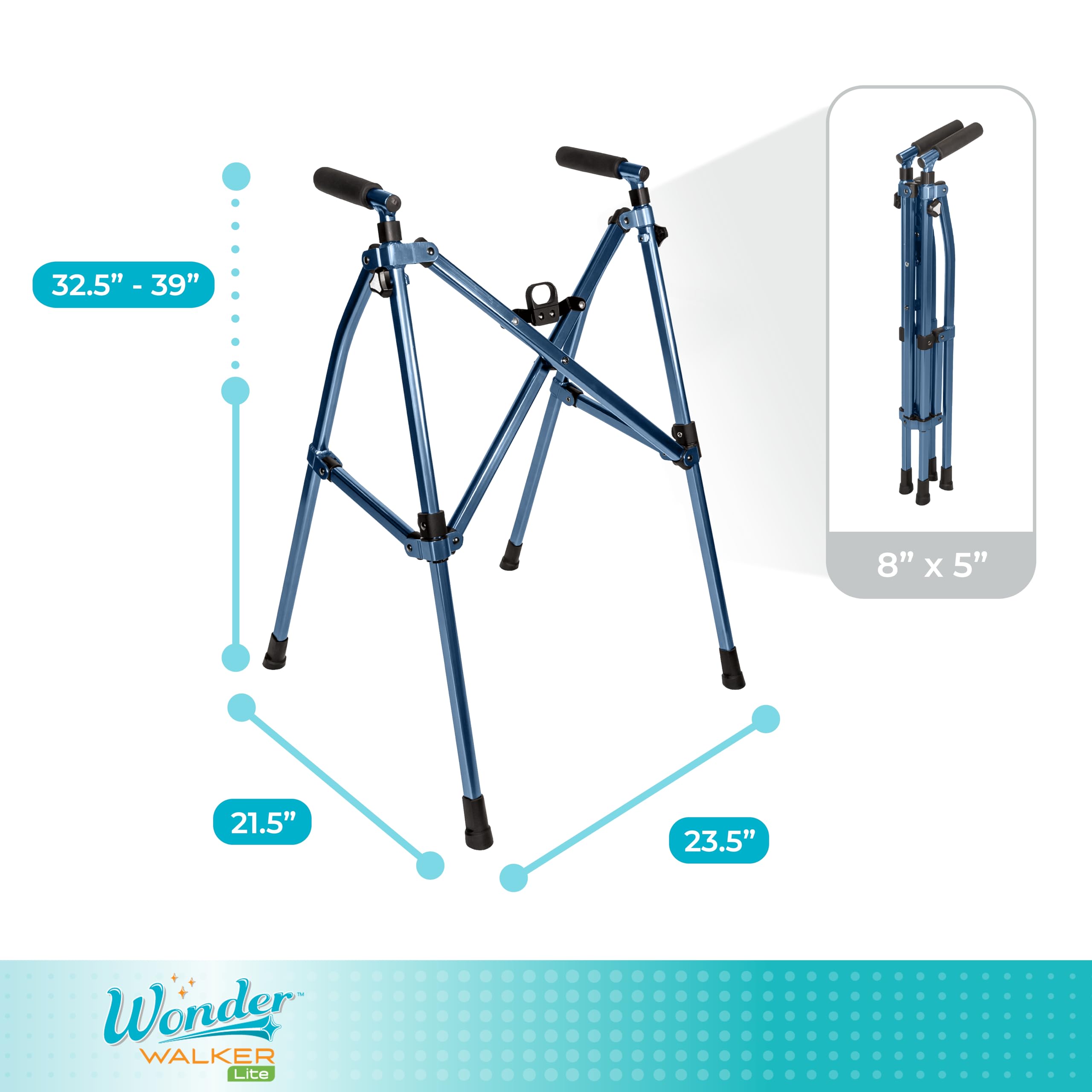 Wonder Walker Lite by Stander, andador ligero y plegable para adultos, personas mayores y ancianos, andador de viaje plegable para apoyo de movilidad, andador estándar compacto sin ruedas, azul