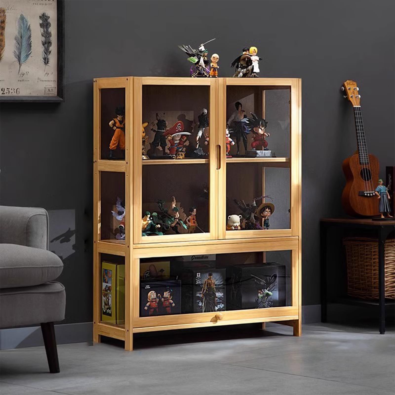 Glasvitrine, antiker Vitrine mit Glastür, antiker Schrank, Vitrine, natürlicher Bambusrahmen, Einzel-/Doppeltür-Design, praktische Aufbewahrung, 80 x 32 x 106 cm, holzfarben