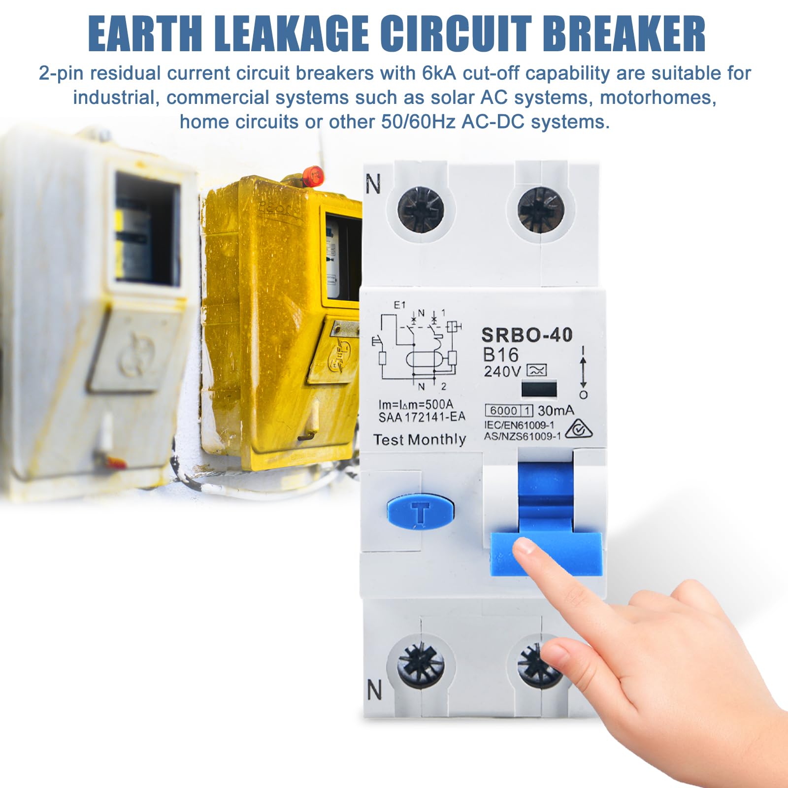 Interruttore FI/LS elettromagnetico, interruttore di sicurezza FI/LS con interruttore di sicurezza RCBO 16A RCD, 230V, 1P+N, 6kA, 30mA, B16, curva B