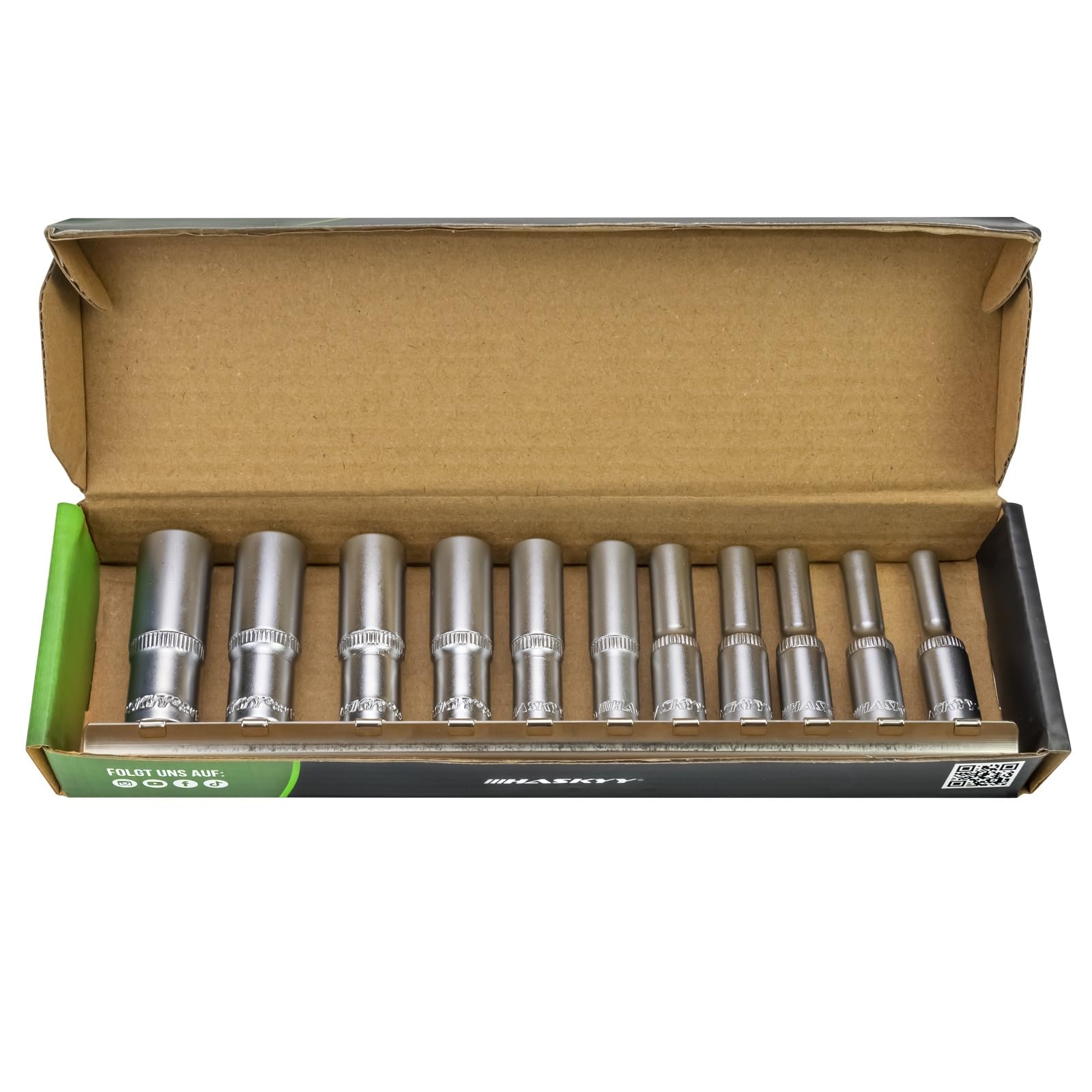 HASKYY Set di chiavi a bussola lunghe da 1/4", esagonali, 4 – 13 mm, set di dadi a 6 punti, Argento