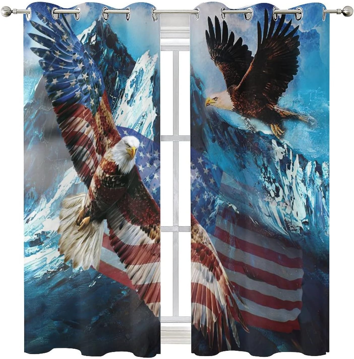 US Flag Bald Eagle Ultra Soft Premier Blackout Curtains,Vintage Oil Painting Winter Forest Snowy Mountains Eagle American Flag Thermal Insulated Bedroom Noise Reducing Grommet Top,2 Panels 54L x 21W