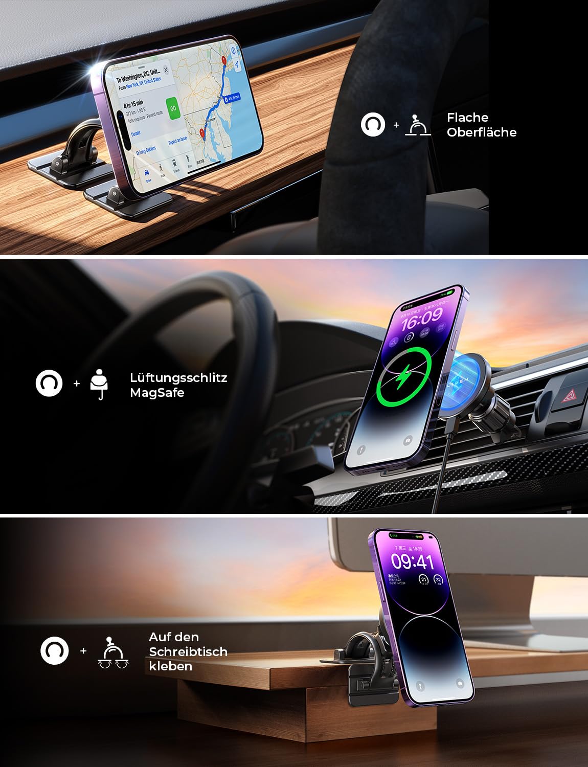 Support Chargeur Voiture MagSafe LISEN 15W - Fixation Solide Dashboard Ou Aération, Compatible IPhone 15/14/13/12, Rotatif 360°