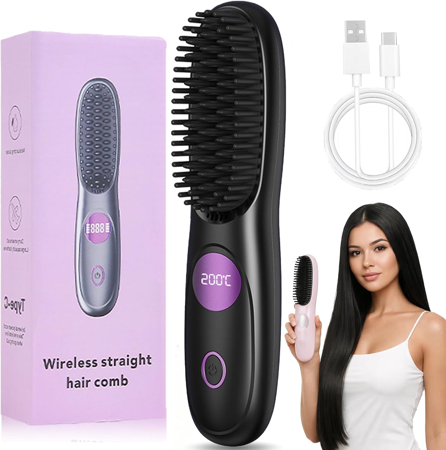 Go Brush Pro, Gobrush Pro Portable Straightener Brush, Cordless Hair Straightener Brush for Short Hair, 3 Adjustable Temperature, LED Display, Upgraded Fast Heating Hairs Comb for Women Travel (Pink)