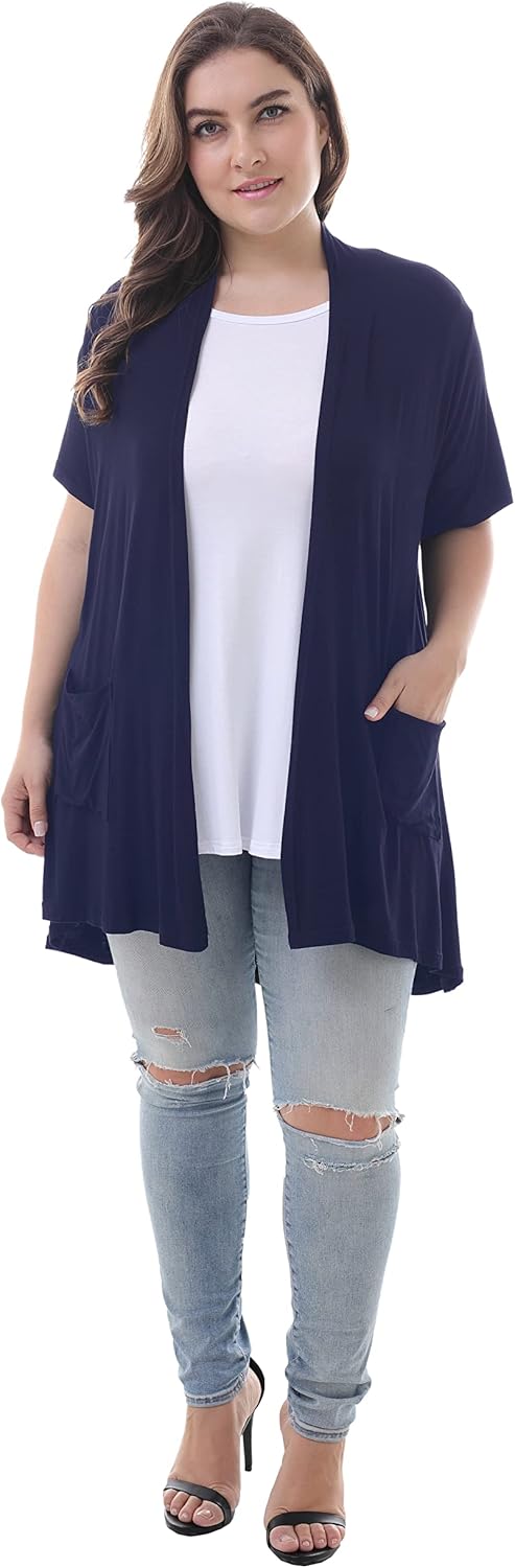 ZERDOCEAN Women's Plus Size Short Sleeve Lightweight Soft Printed Drape Cardigan with Pockets - Image 4