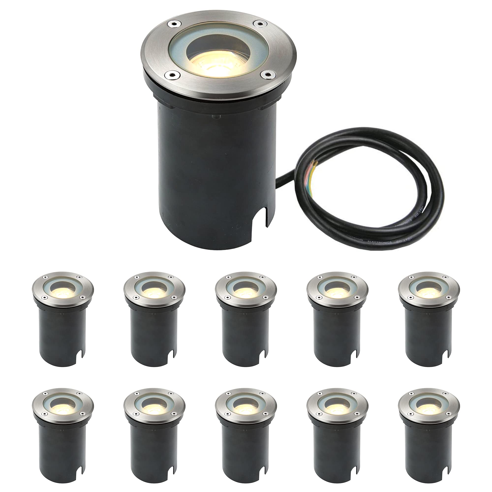 National Lighting Stainless Steel (Round) Buried Uplighters - Pack Of 10 Recessed Ground Lights - Ip65 Weatherproof Walk Over Decking Lights - Round Outdoor Lights - 50W 240V Halogen Or Led Gu10 (Not Included)