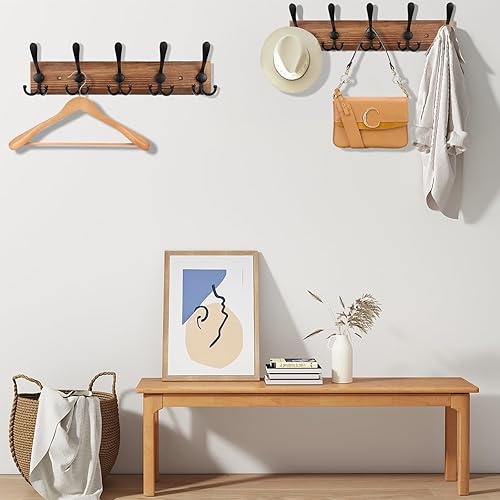 Miniatura 3 de 2 percheros de madera para colgar sombreros de pared, tablones de madera de pino real de 16.9 pulgadas, color marrón, con 5 ganchos triples para