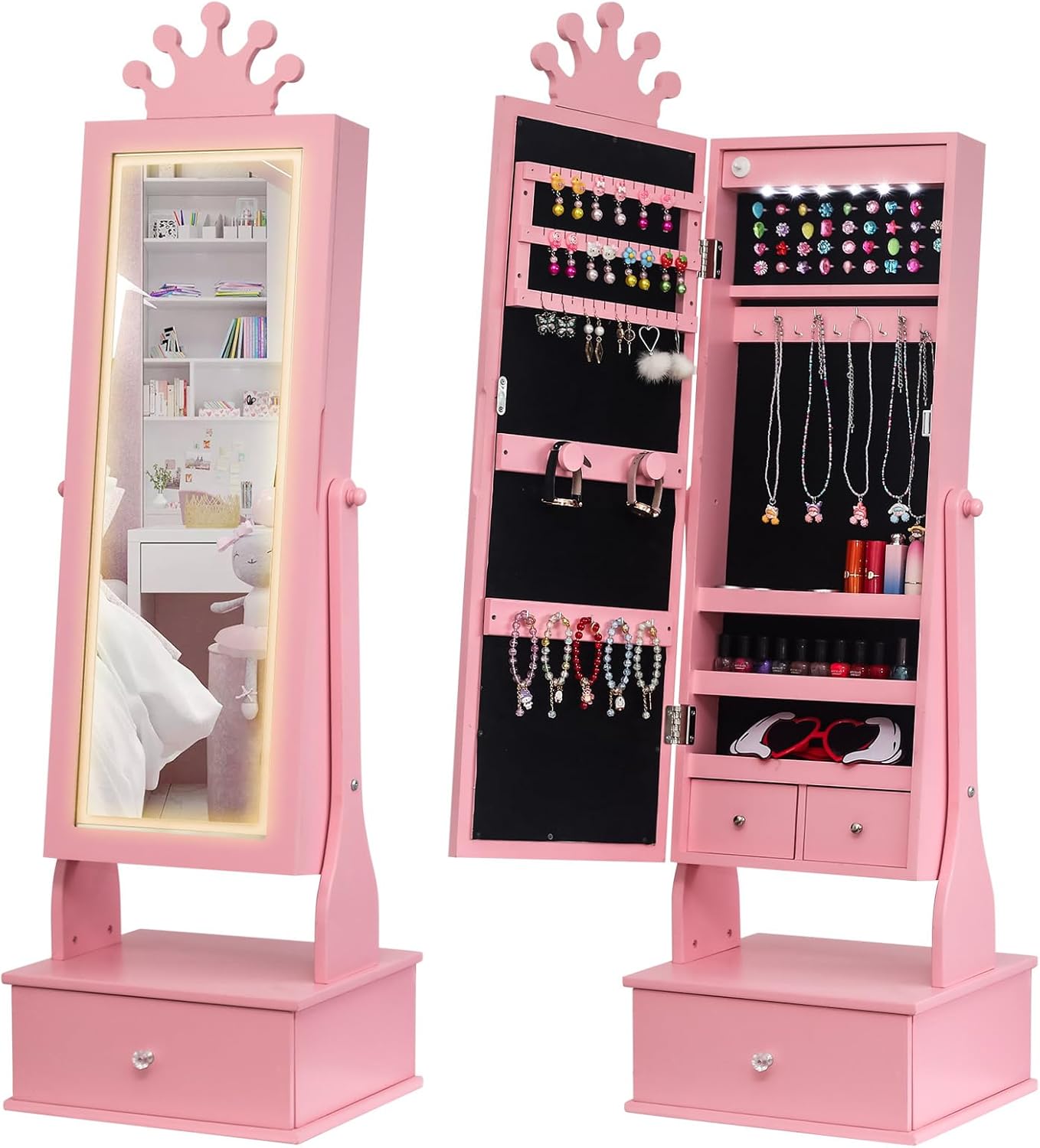 GarveeHome Kids Jewelry Armoire,Child Jewelry Cabinet with Led Light,Freestanding Jewelry Organizer with Full Length Mirror&Storage Drawers,Kids Vanity Dress Up Mirror Jewelry Cabinet for Girls(Pink)
