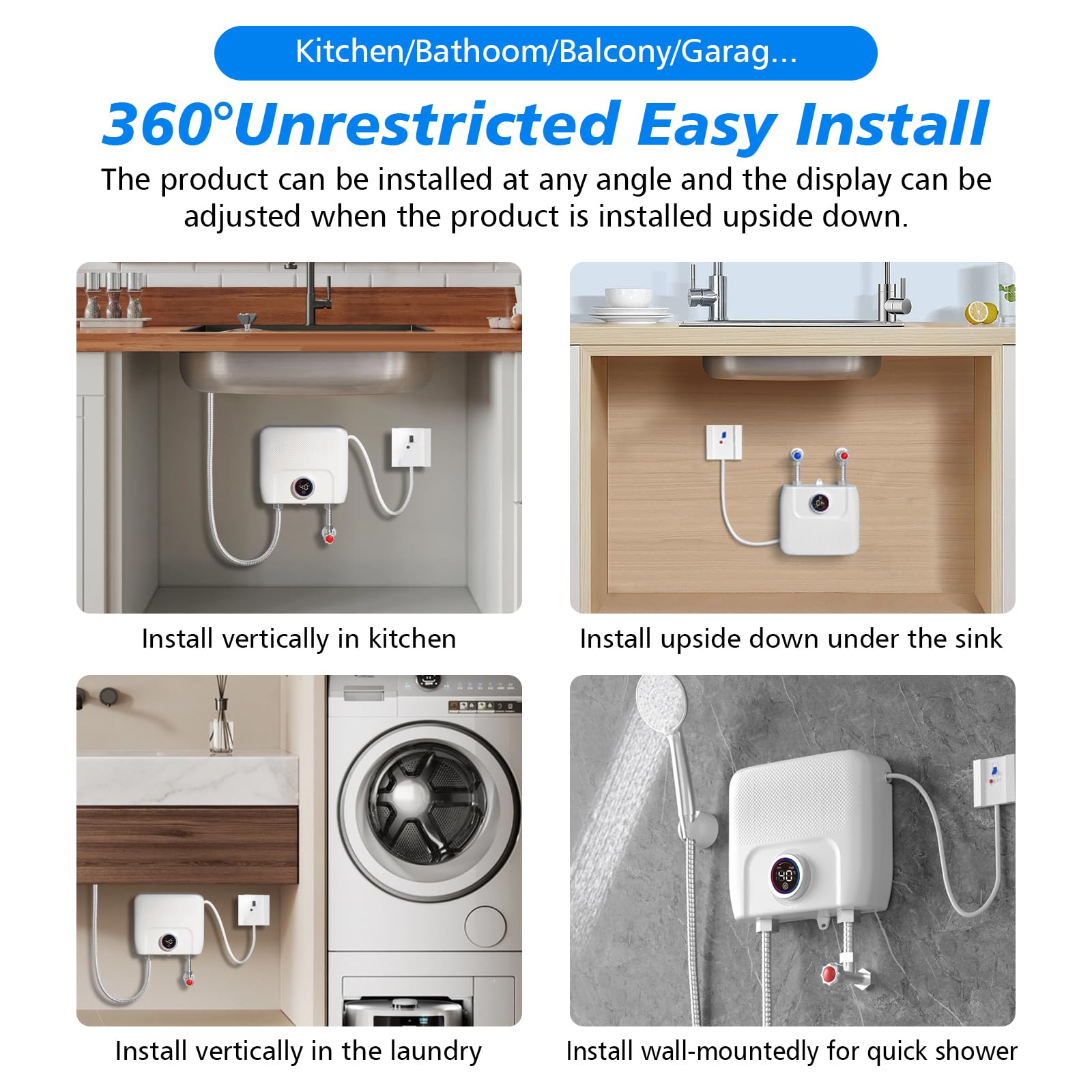 Chauffe-eau électriques 220V 6500W, Chauffe-eau électrique sans réservoir, Petit chauffe-eau instantané électrique économie d'eau Avec écran numérique, Pour cuisine, salle de bain, lavage