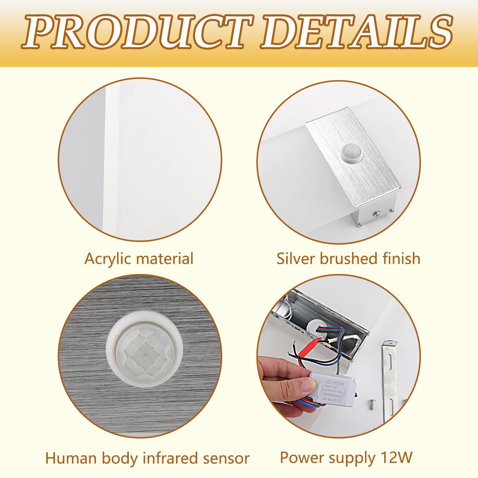 2 Pezzi Applique da Interno con Sensore di Movimento 12W Bianco Caldo 3000K | JaneYi LED Lampada da Parete Moderna in Acrilico e Alluminio Luce per Corridoio Scala Ingresso Balcone Soggiorno