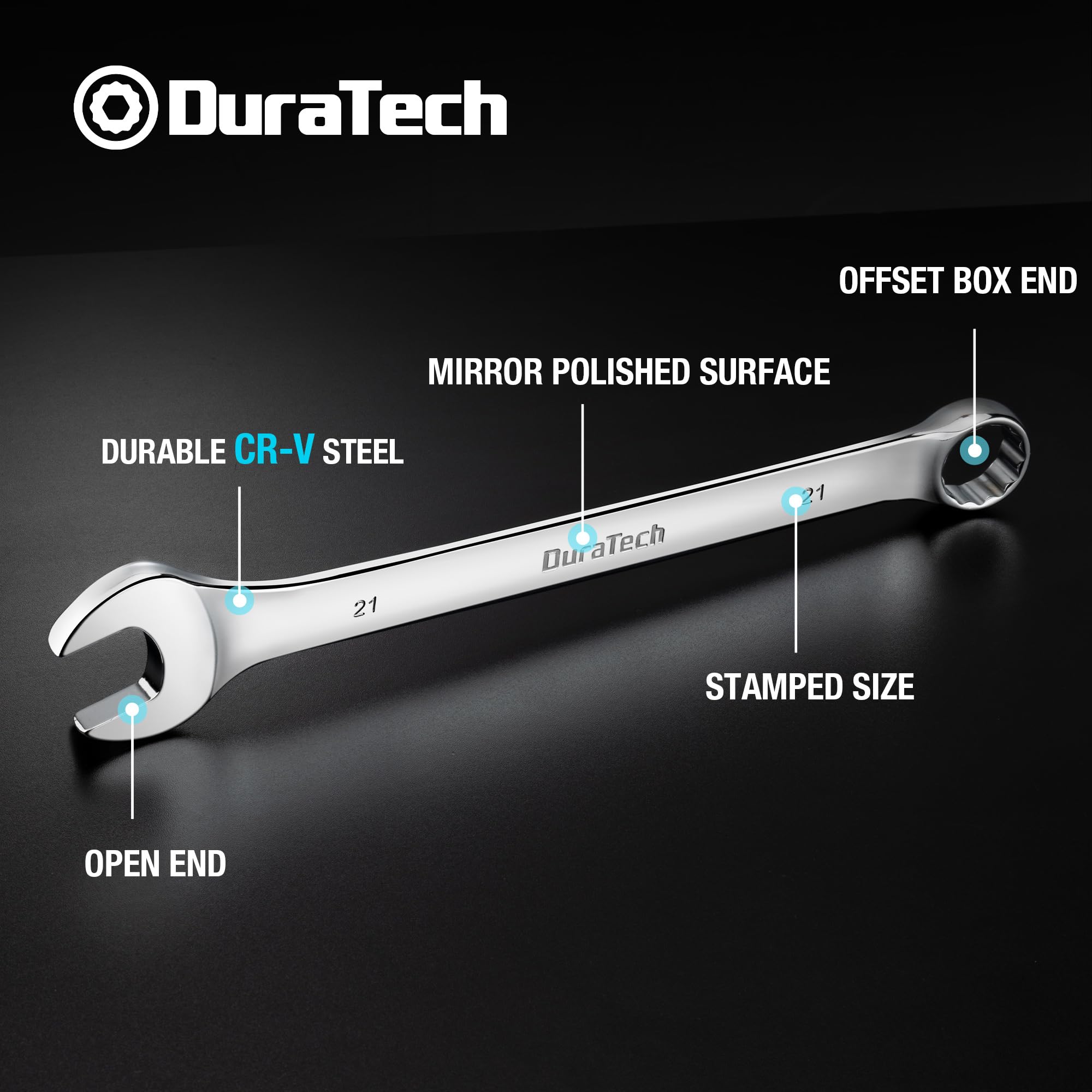 DURATECH 21mm Combination Wrench, Metric, CR-V Constructed with Mirror Polish, 12-Point, 15-Degree Offset