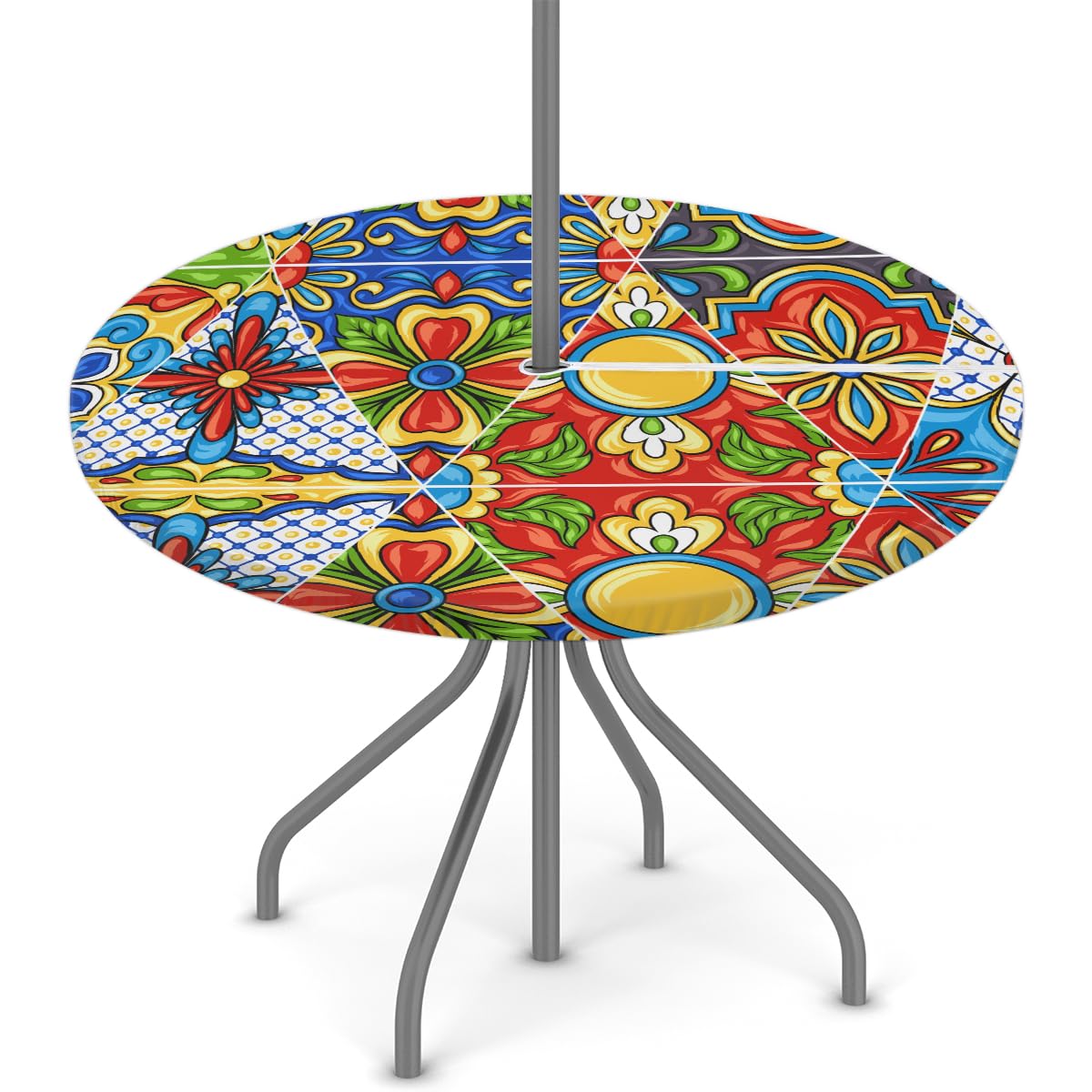 FZDXZJJ Mexican Talavera Round Outdoor Tablecloth with Umbrella Hole and Zipper,Rhombic Mandala Fitted Tablecloth Elastic Edge Patio Table Cover for Spring Summer Picnic Party 36