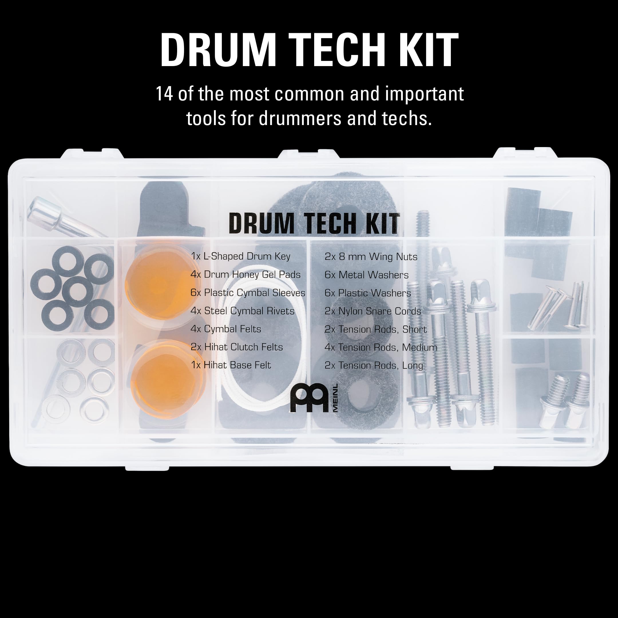 Meinl Drum Tech Kit – Caja Pack de Accesorios de Batería (46 piezas) con llave de afinación, fieltros de platillo, tornillos, apagadores de gel Drum honey y más (MDTK)
