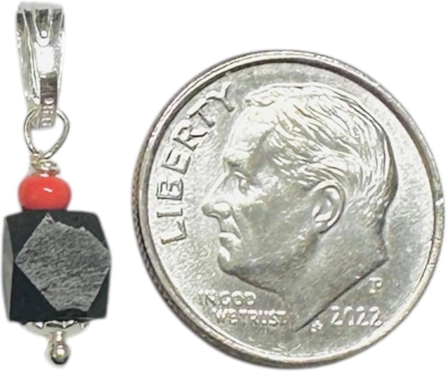 Sterling Silver Azabache Jet Charm with Coral Bead, Black, Natural Stone, 5-6mm