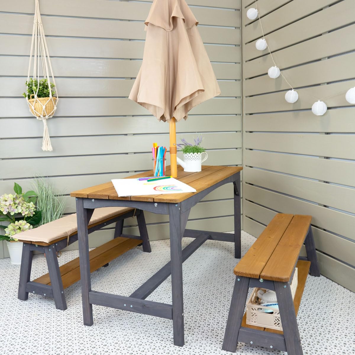 Meppi Salon de jardin Amrum avec parasol marron/anthranzite en bois - Salon pour enfants