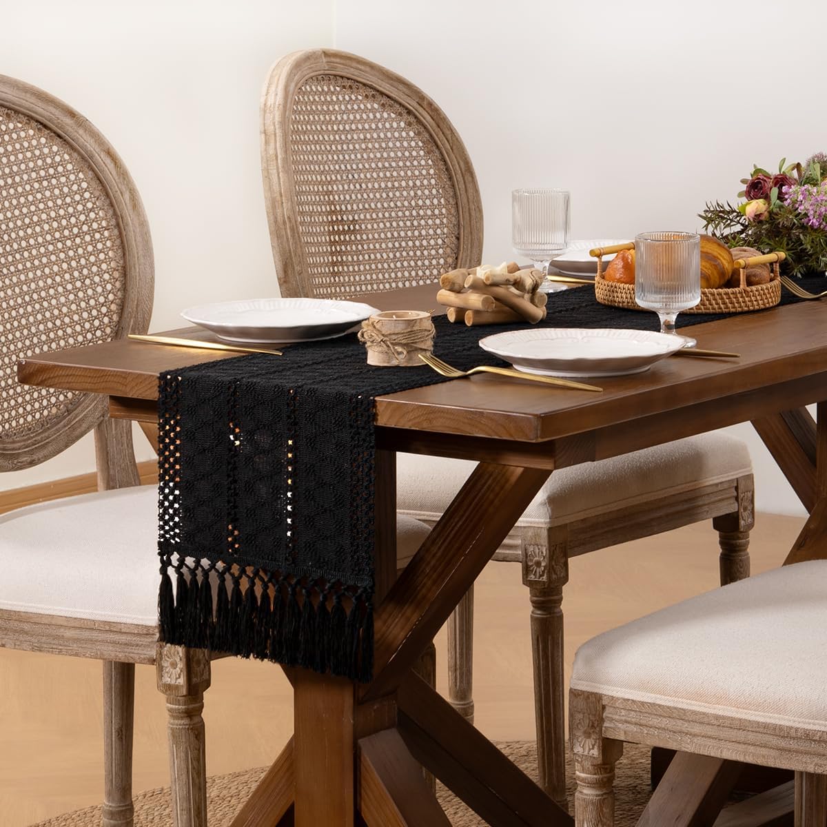DeZerlor Boho Macrame Table Runner Spring Easter Farmhouse Woven Table Runner with Tassels 108 Inches Halloween Black Cotton Linen Kitchen Table Decor for Dining Dresser Home Tea Table Decor