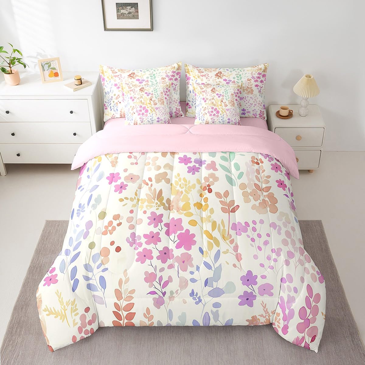 Erosebridal Juego de Cama matrimonial de 7 Piezas con diseño Floral Rosa en una Bolsa, Juego de edredón Bohemio de Flores arcoíris con sábanas para niños, niñas y Mujeres, Juego de Ropa de Cama de