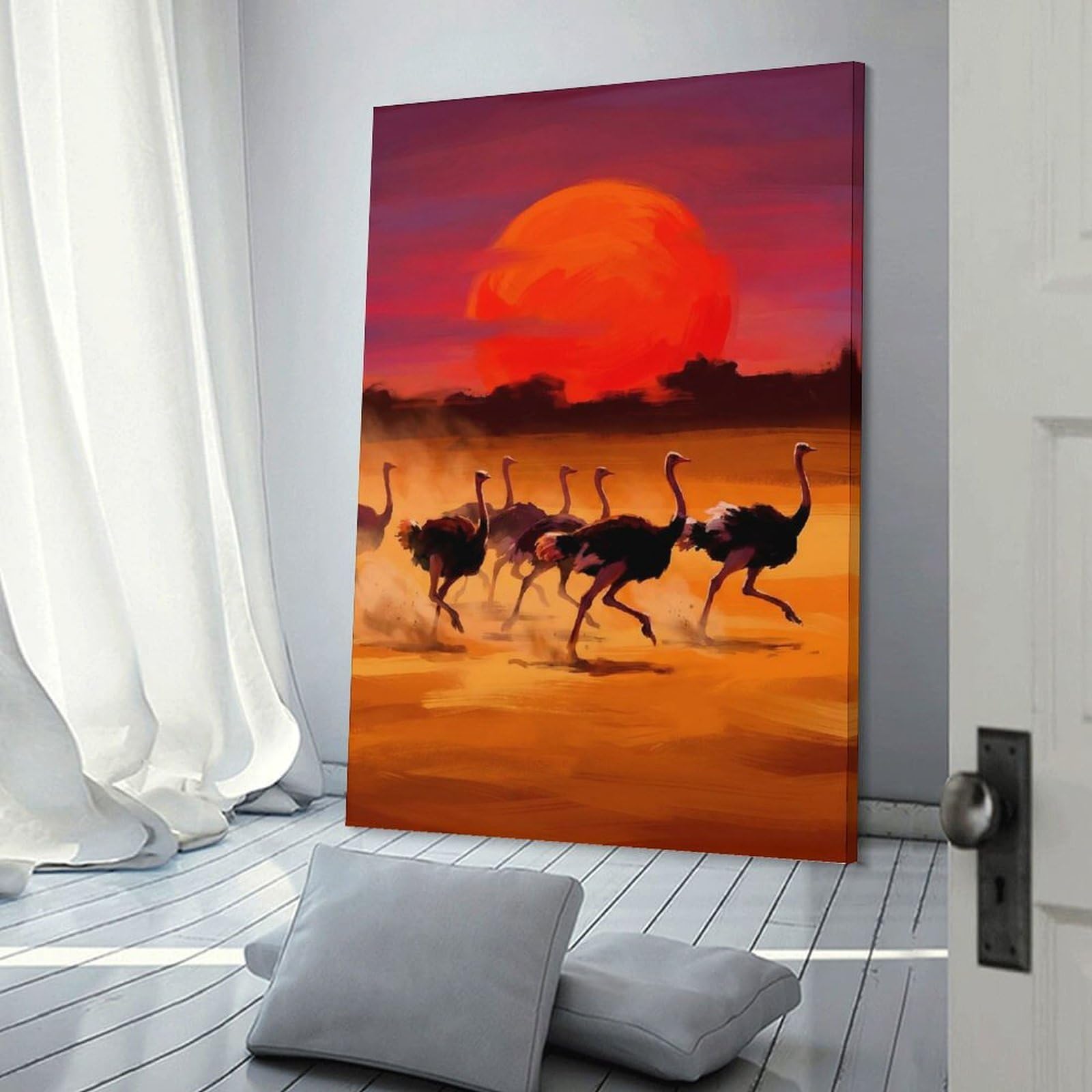 Junmoney Canvas Art Print Ostriches Running at Sunset, 20x30inch(50x75cm), for Living Room, Bedroom Or Home Office, A Wall Art Gift for Fresh Interiors